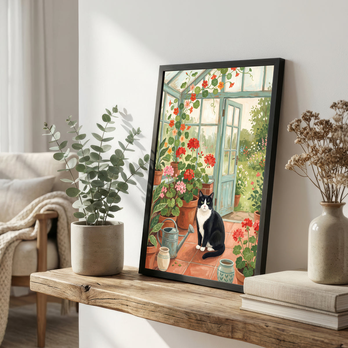 Tuxedo Cat Greenhouse Art Print