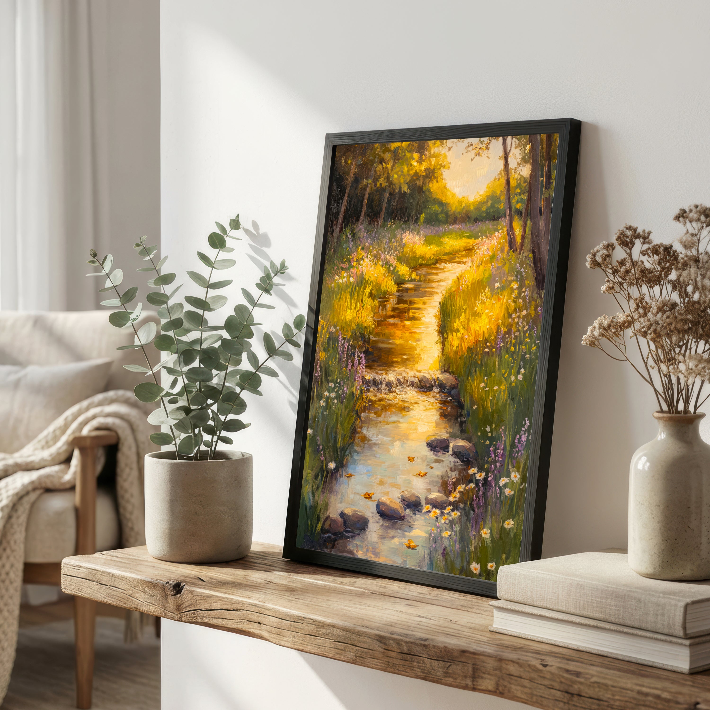 Sunlit Woodland Stream Art Print