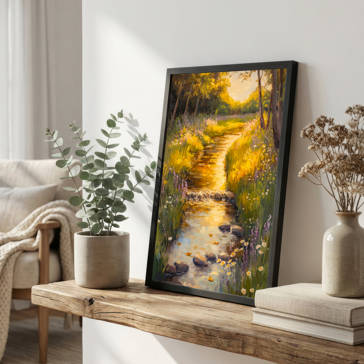 Sunlit Woodland Stream Art Print