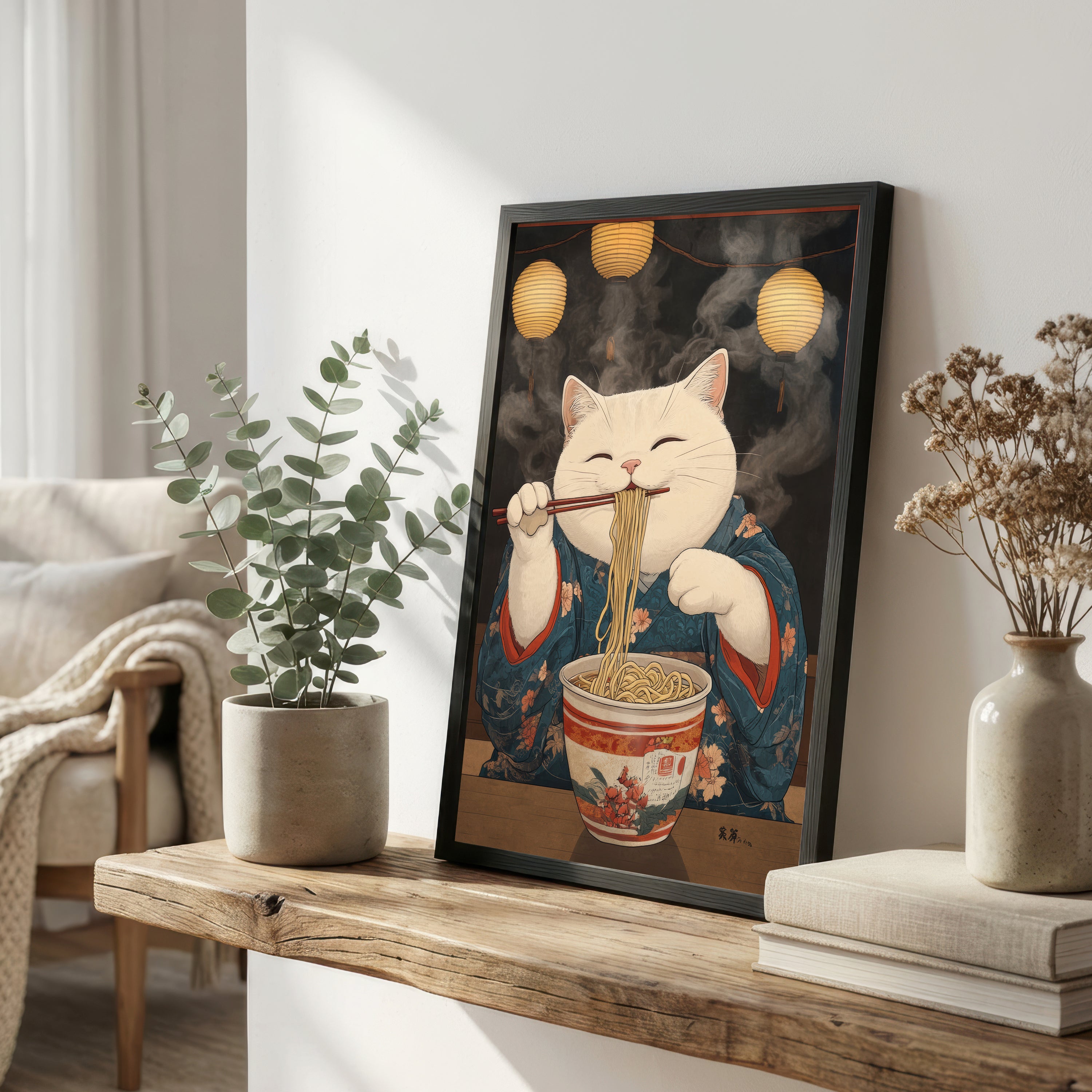 Japanese Cat Ramen Art Print