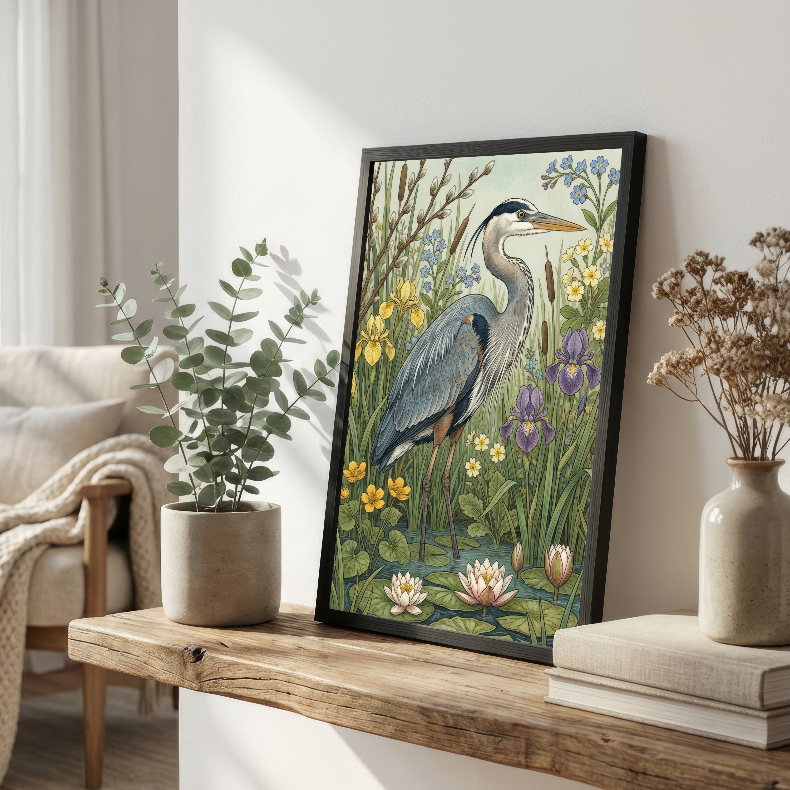 Heron Wetland Botanical Art Print