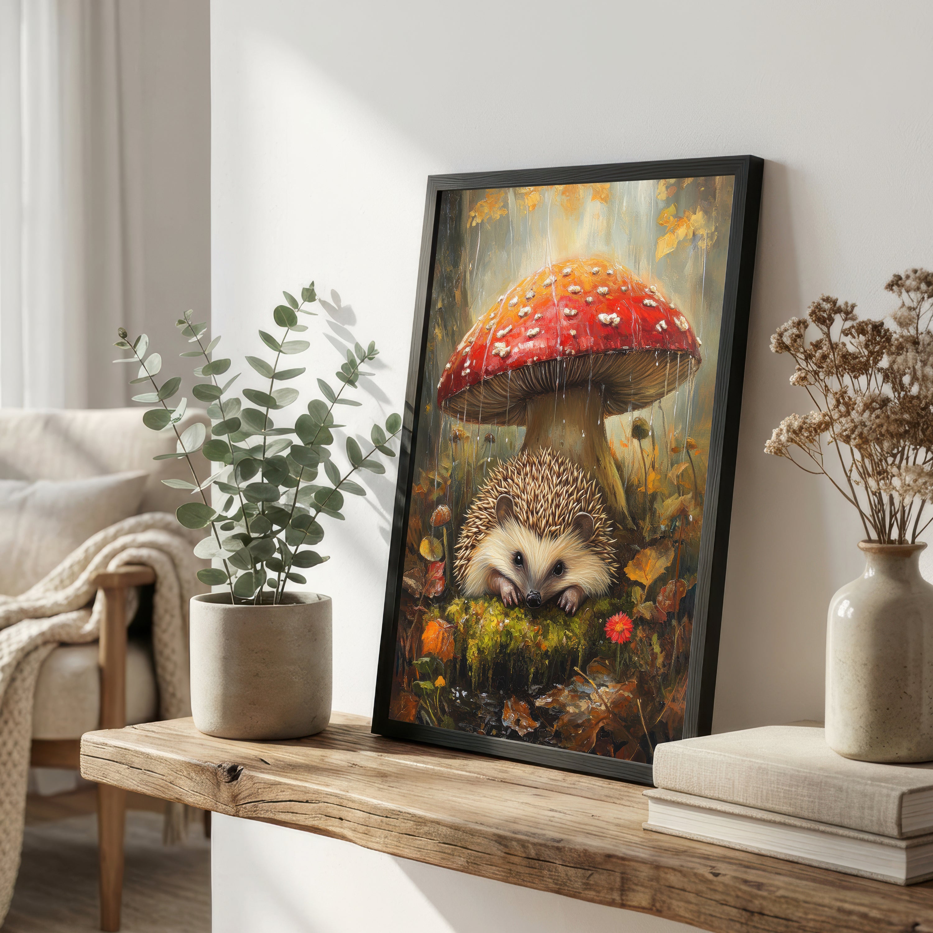 Hedgehog Under Mushroom Art Print