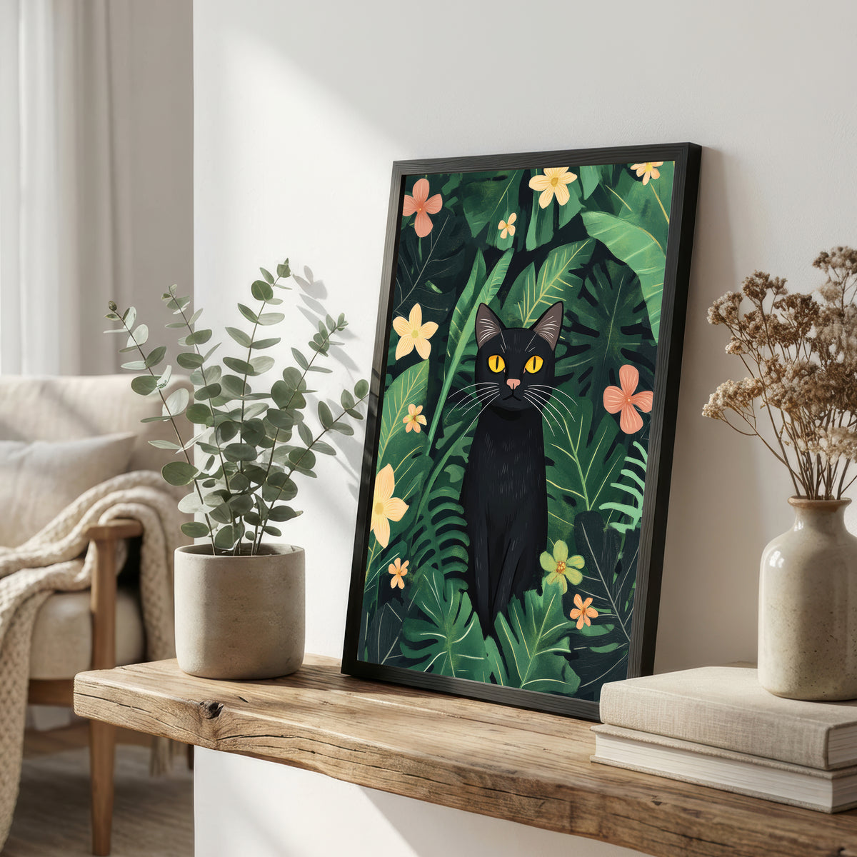 Black Cat Tropical Botanical Art Print