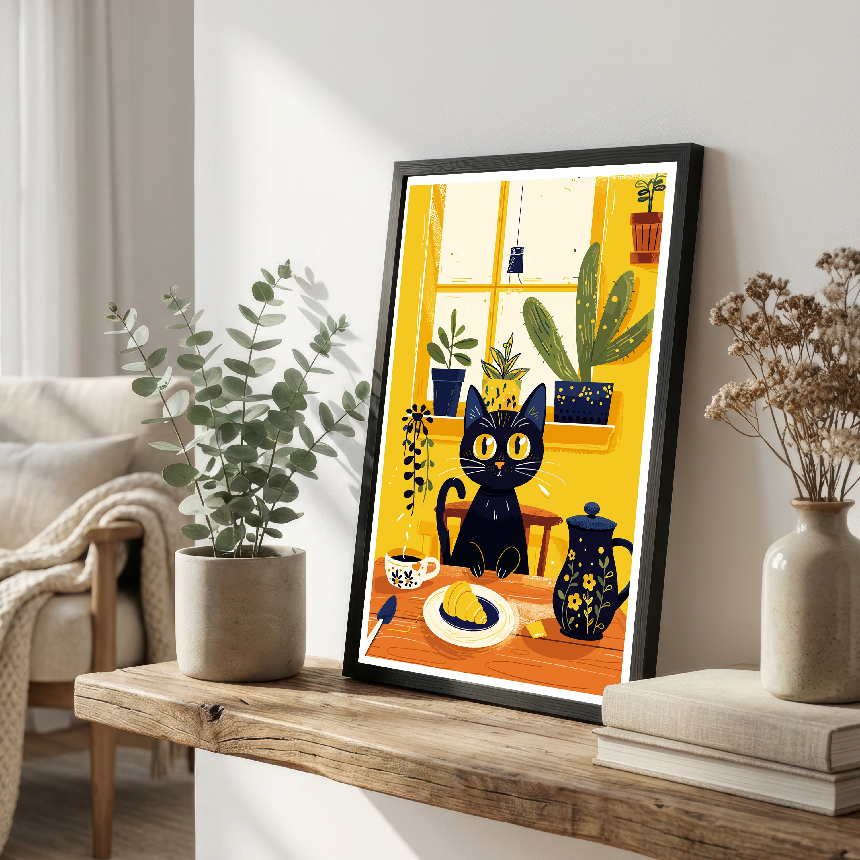 Black Cat Breakfast Art Print
