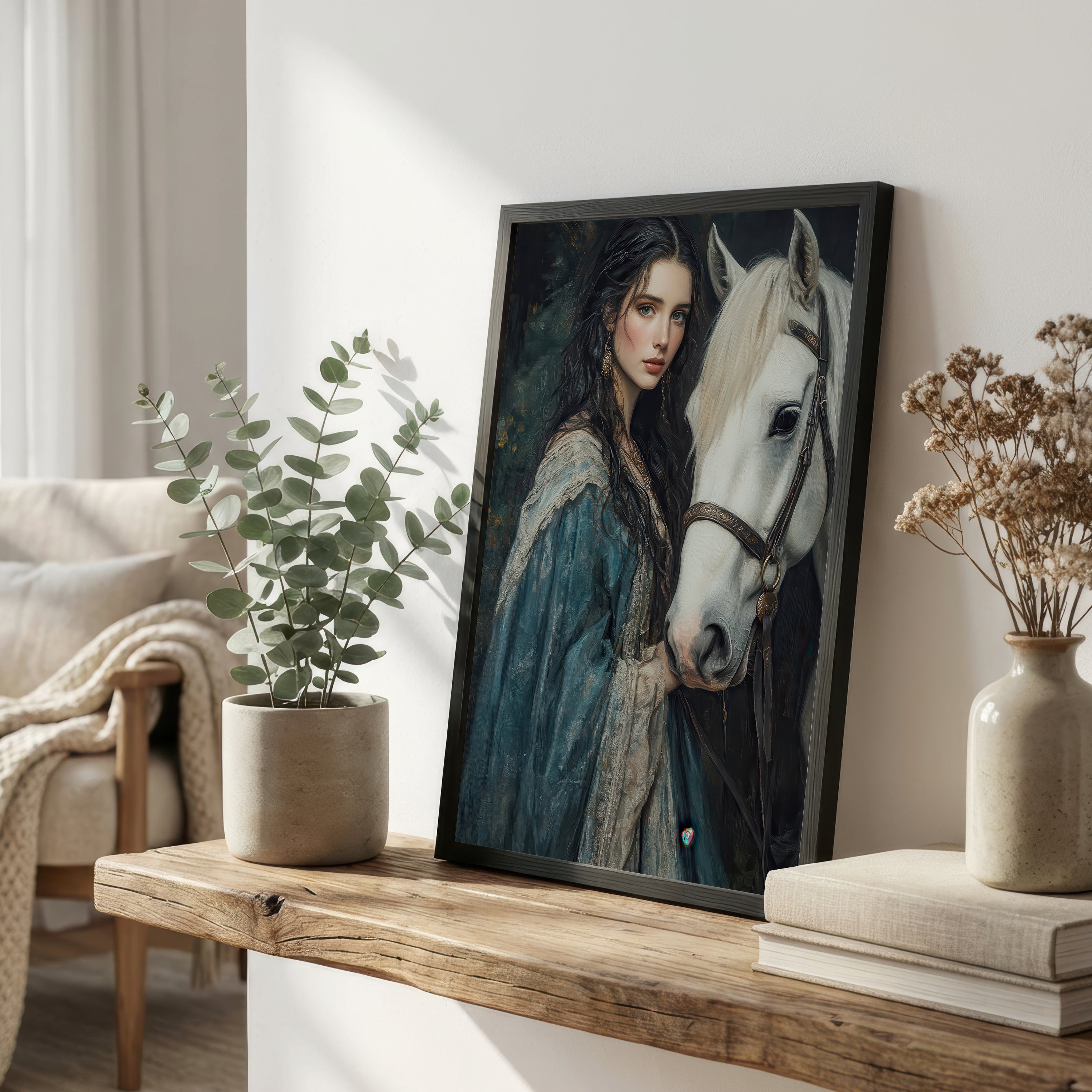 Woman and White Horse Fantasy Art Print