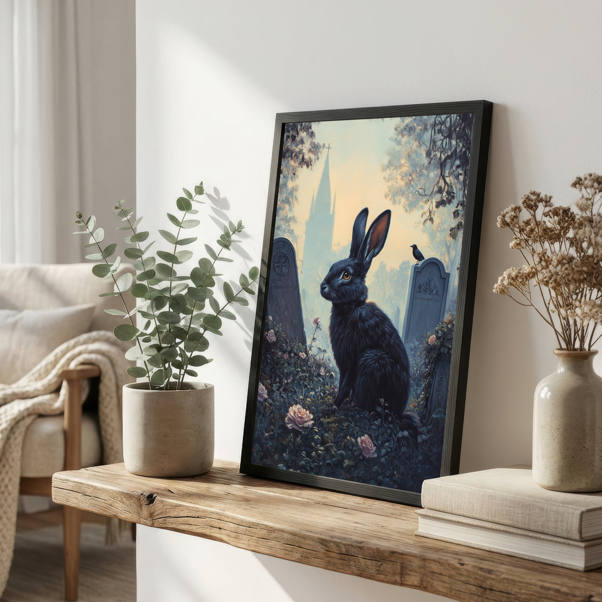 Gothic Black Rabbit Graveyard Art Print