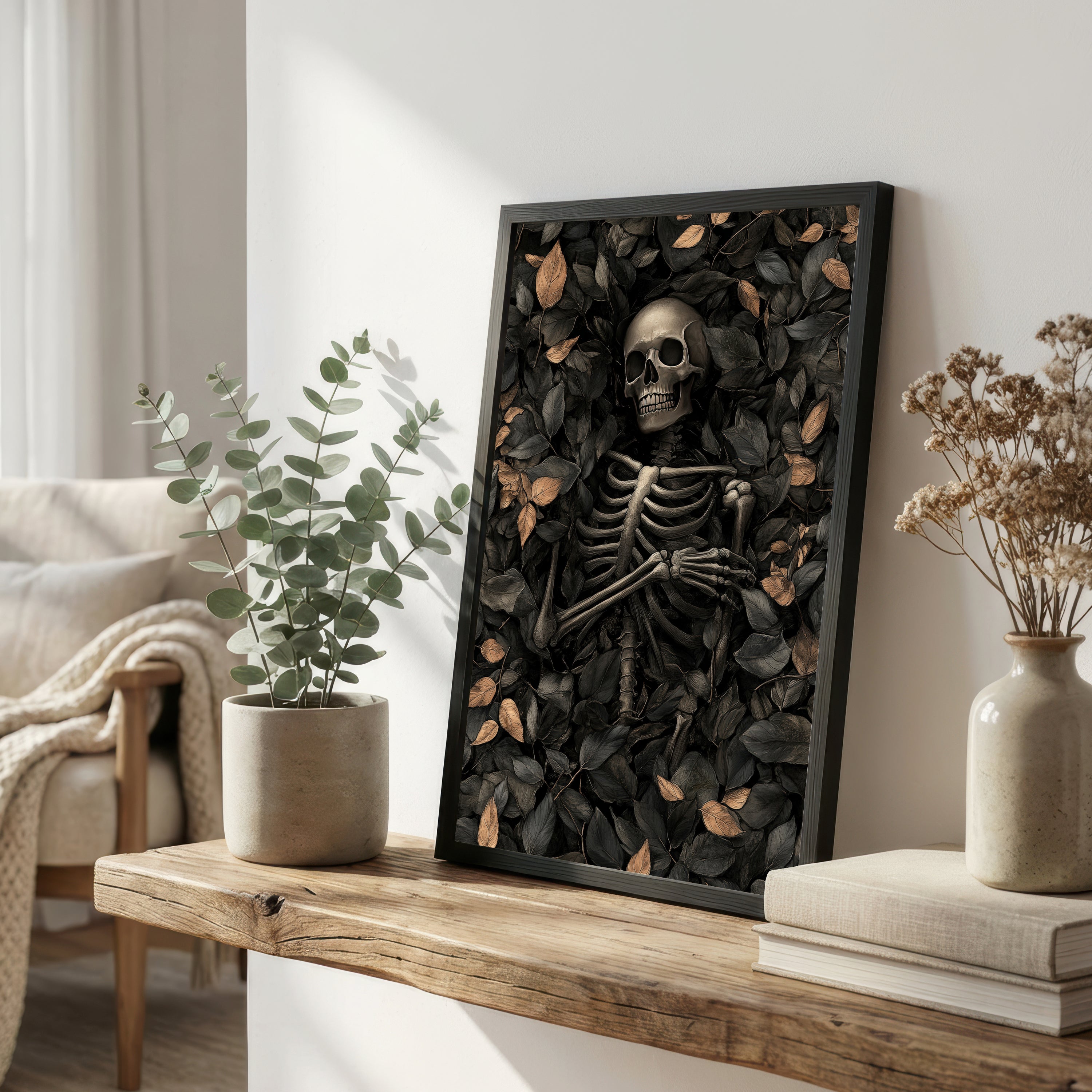 Skeleton Among Leaves Art Print