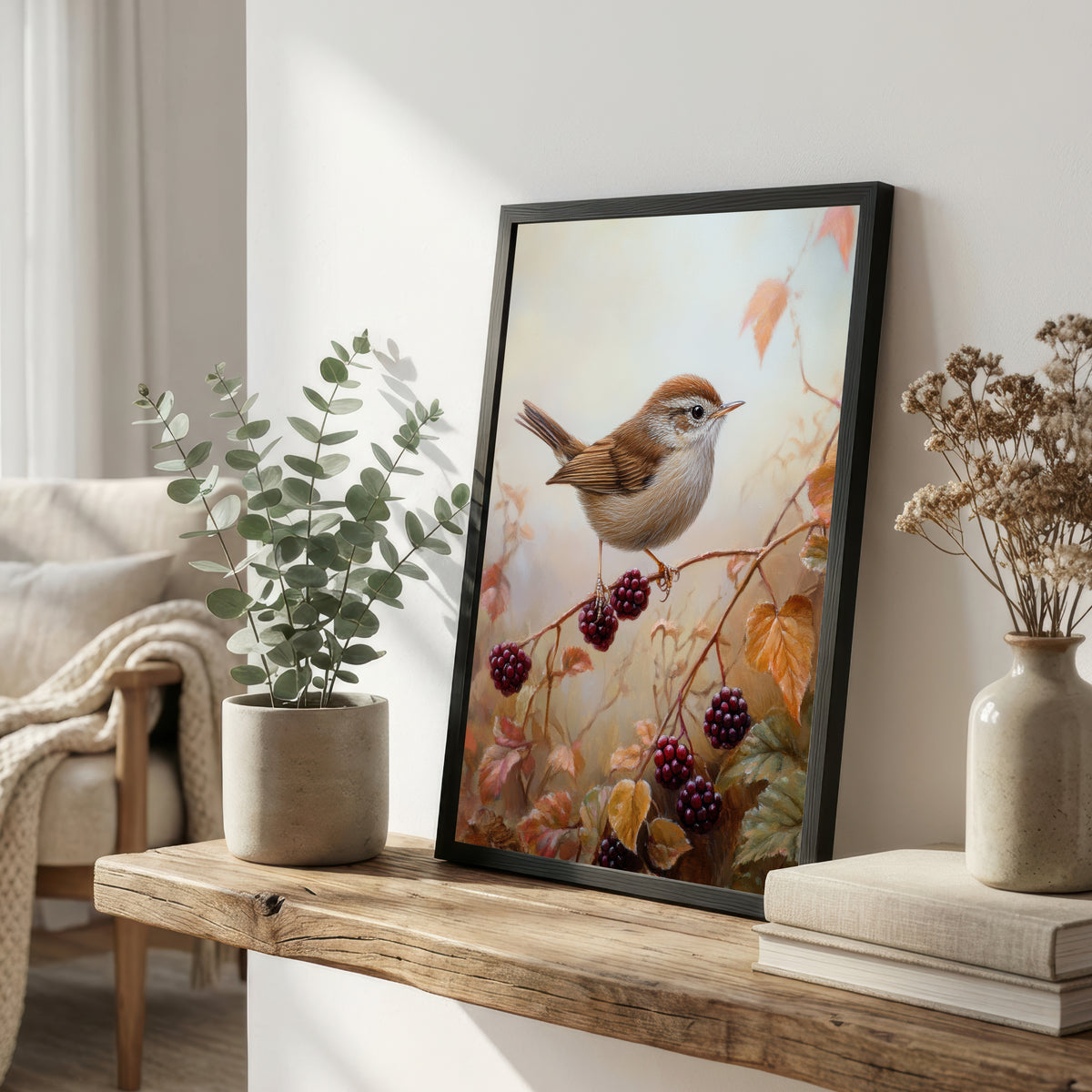Wren and Blackberry Botanical Art Print