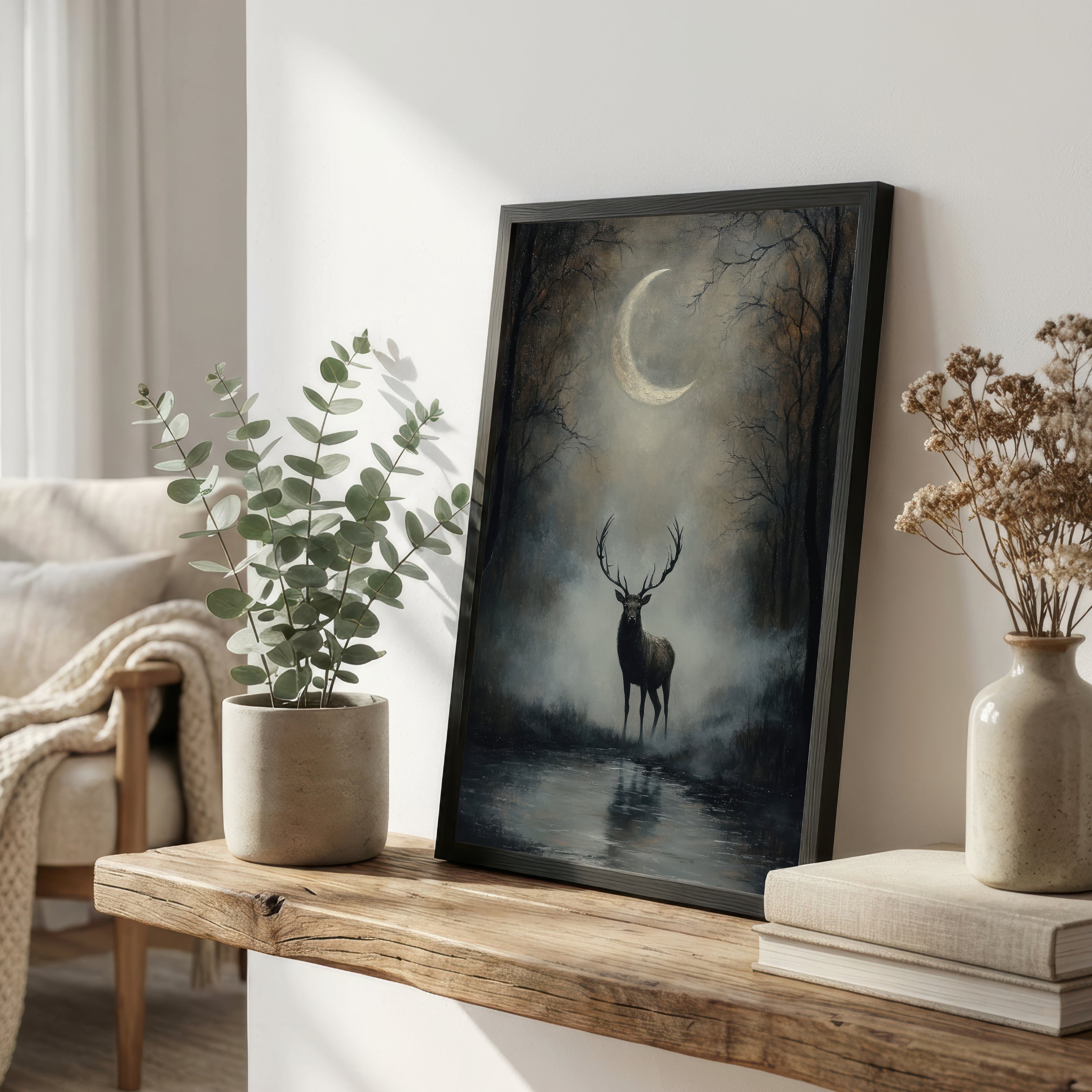 Moonlit Stag Dark Forest Art Print