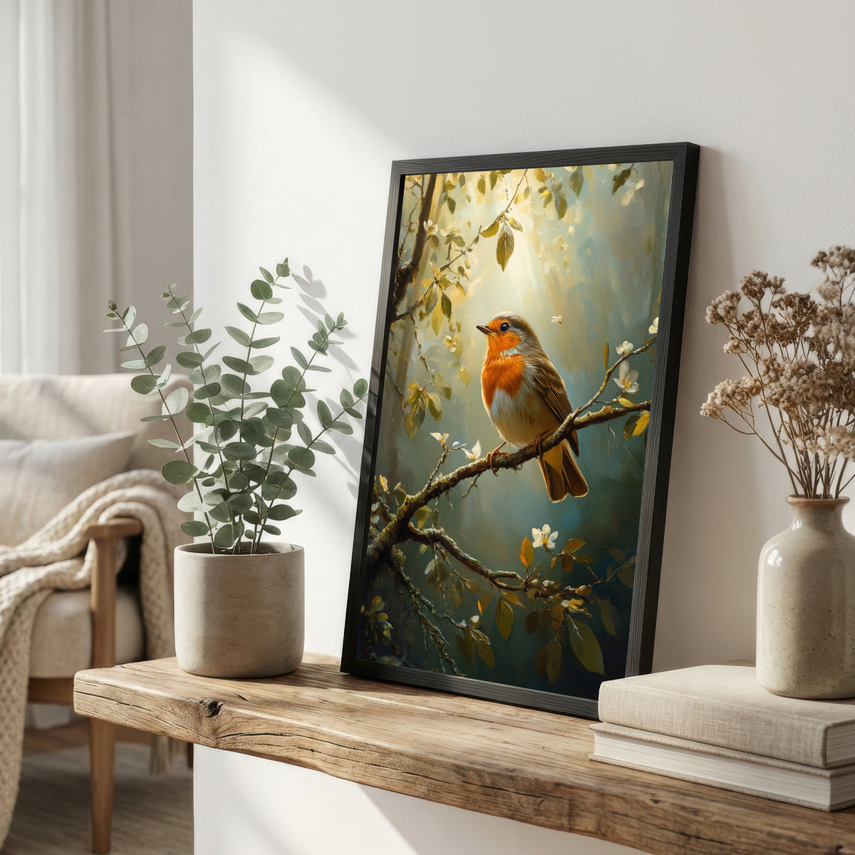 Robin Blossom Branch Art Print