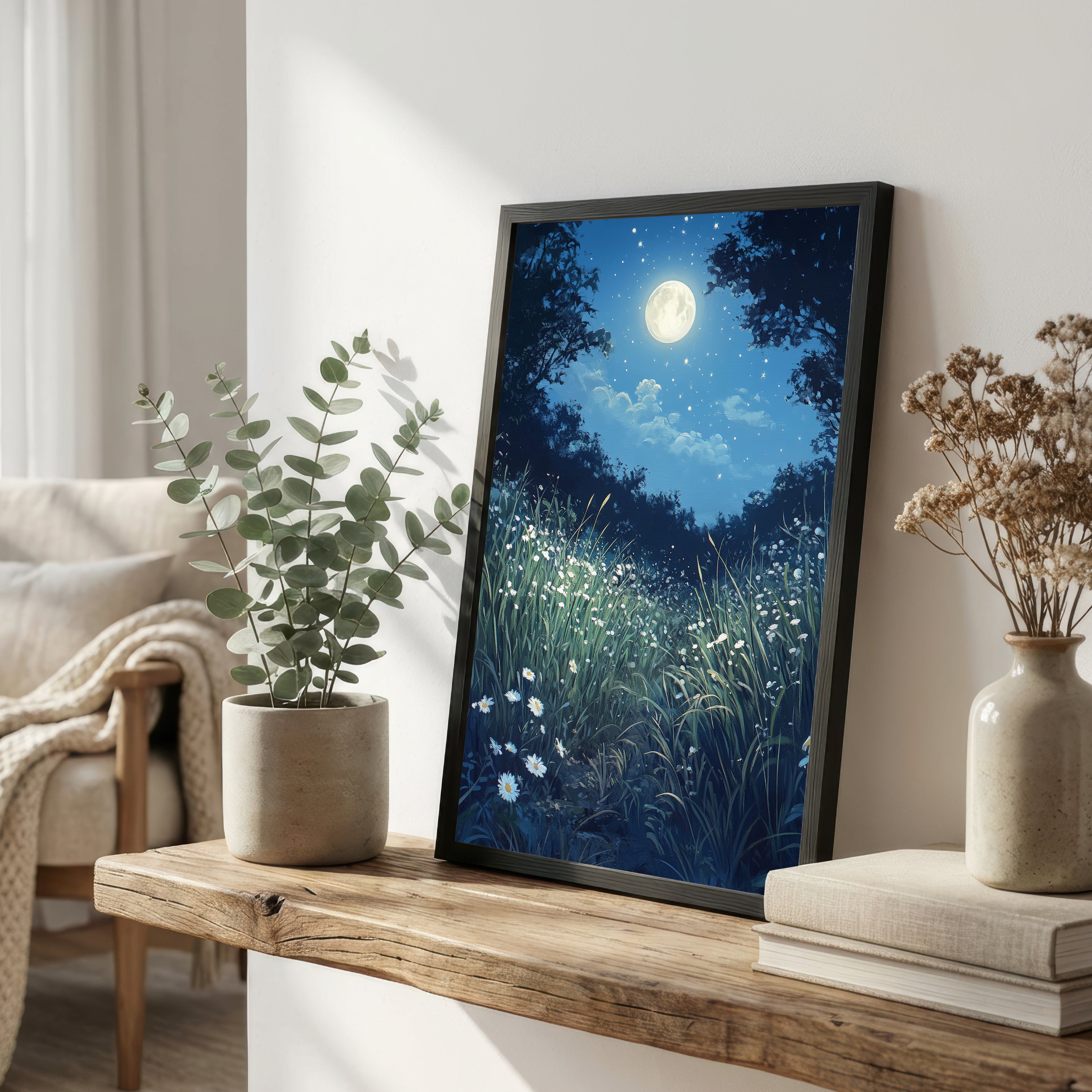 Moonlit Daisy Meadow Art Print