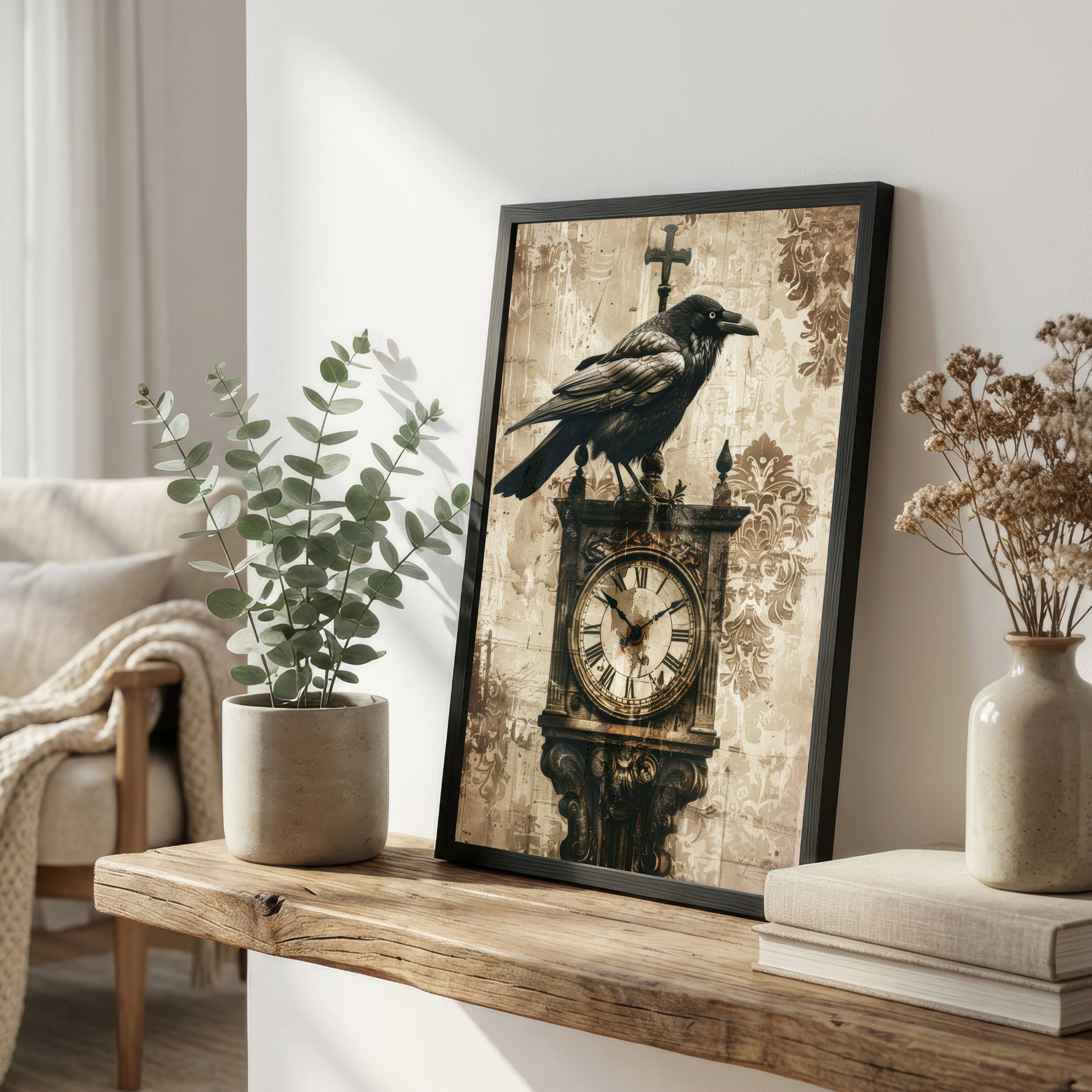 Gothic Raven Clock Art Print