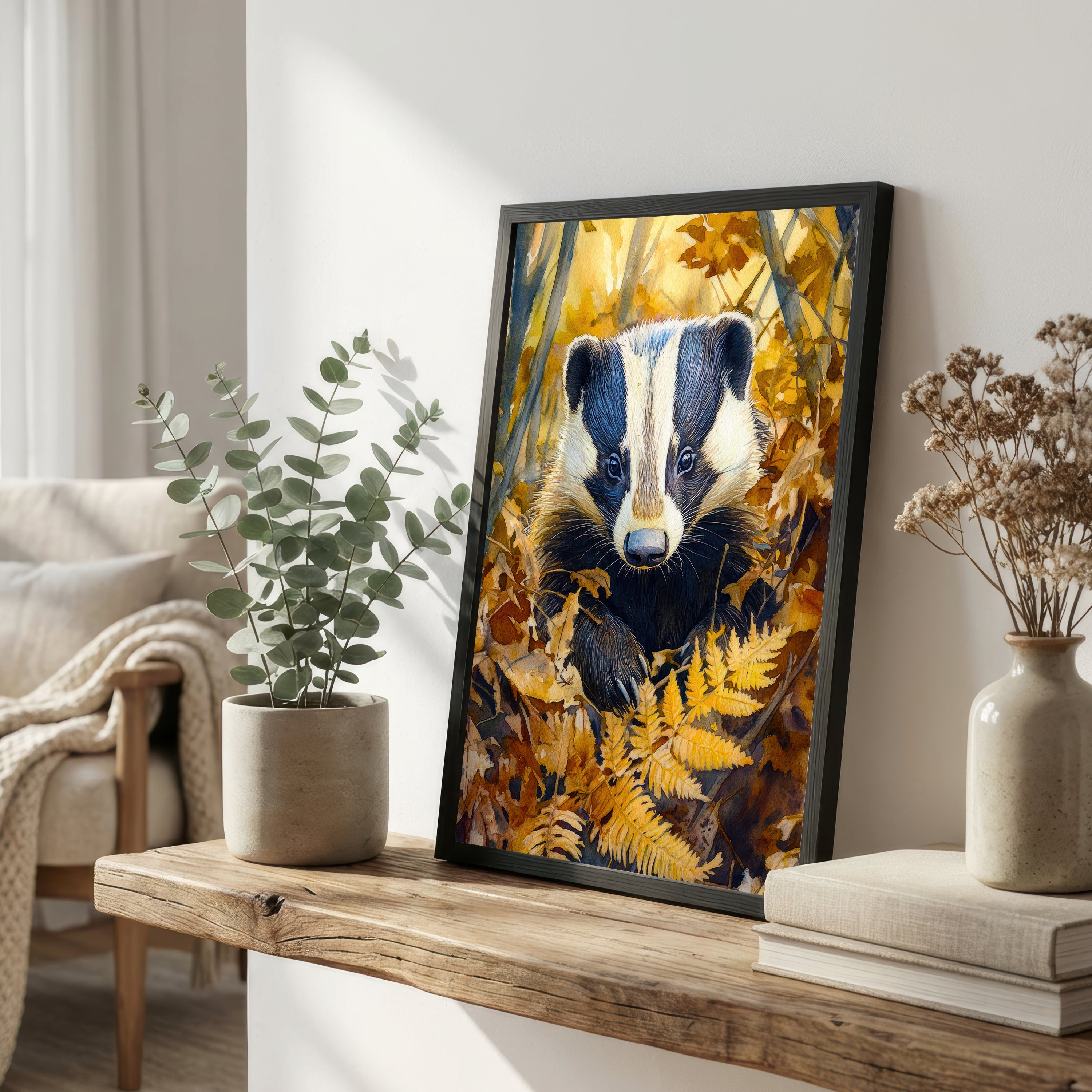 Badger Autumn Woodland Art Print
