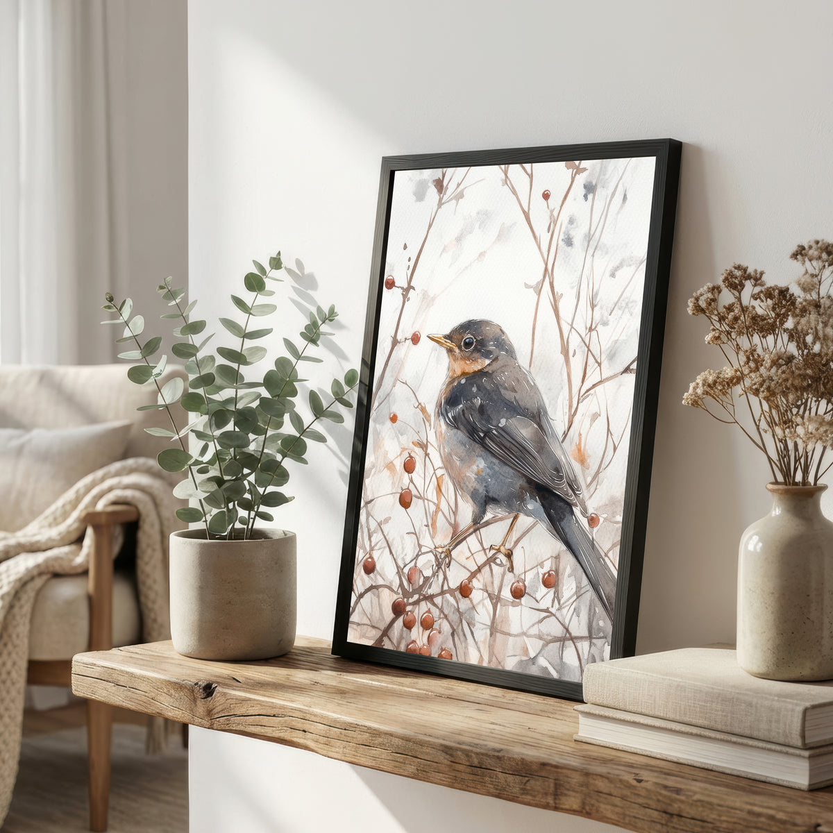 Blackbird Winter Berries Art Print