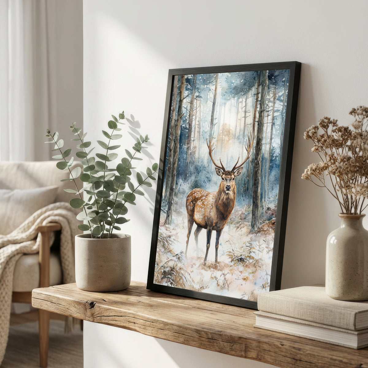 Winter Stag Woodland Art Print