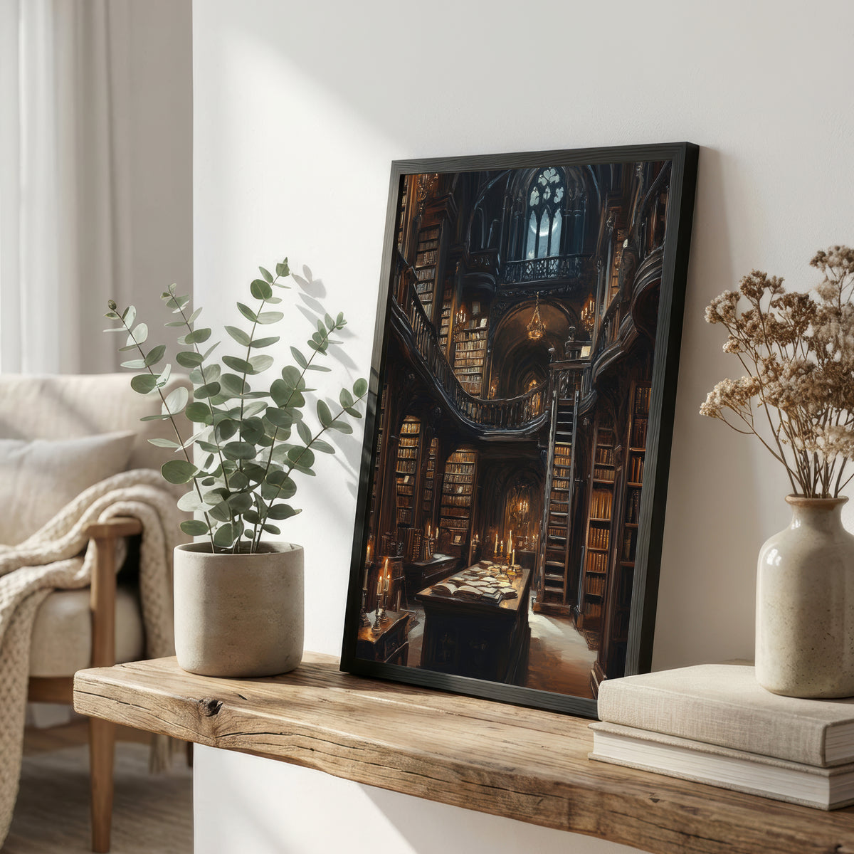 Gothic Candlelit Library Art Print