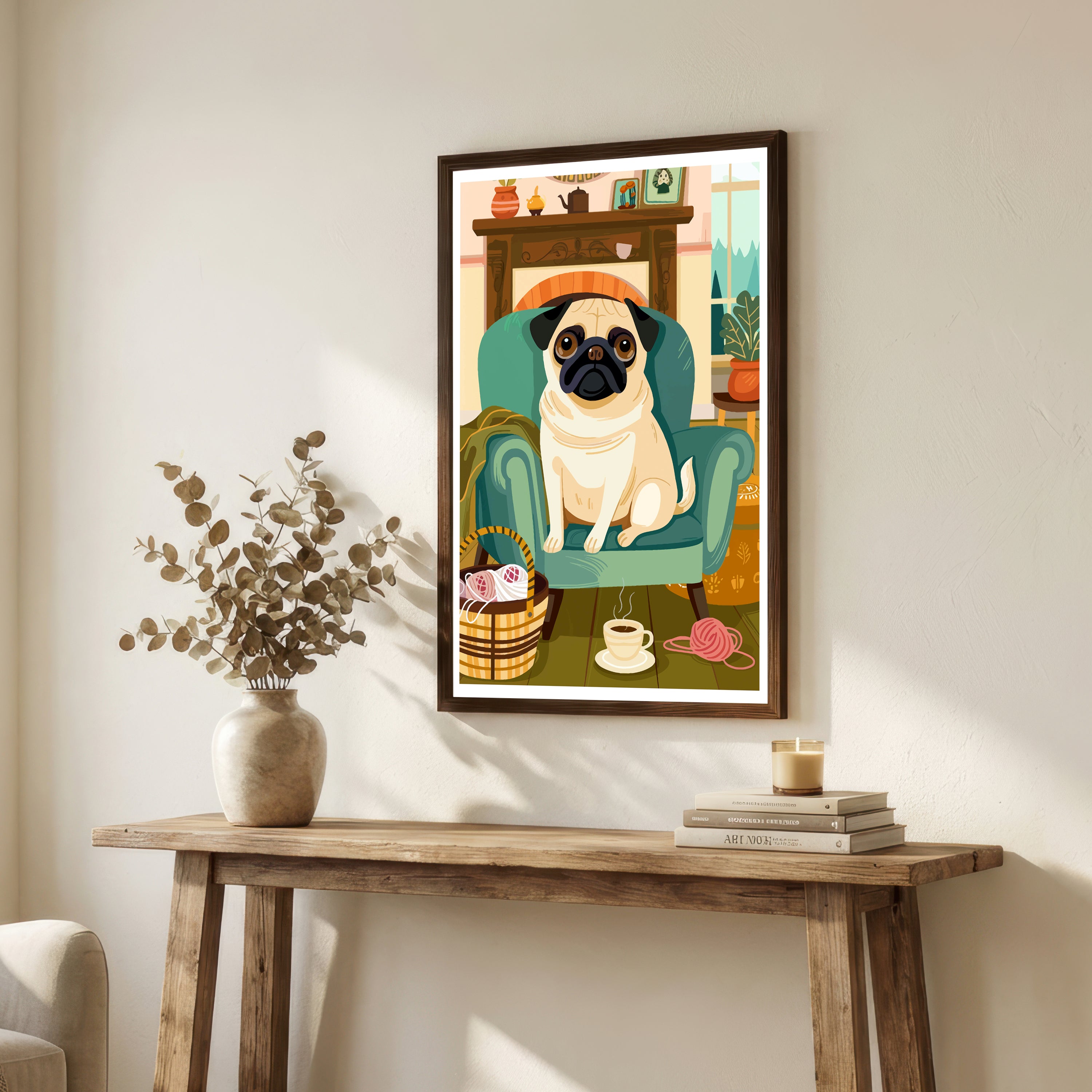 Cozy Pug Armchair Art Print