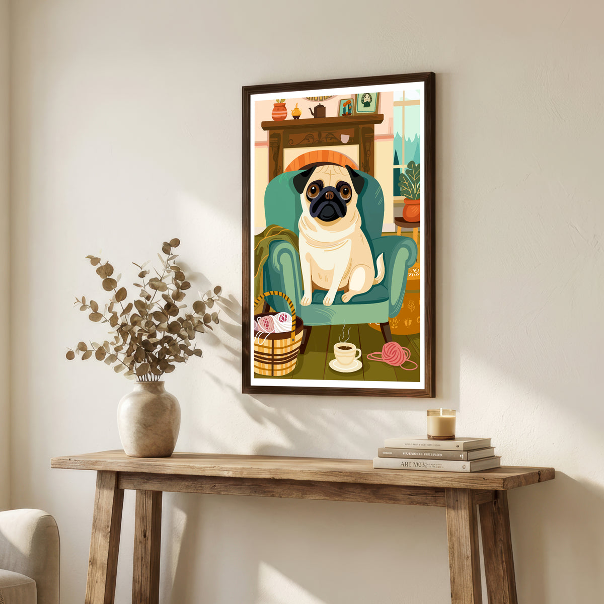 Cozy Pug Armchair Art Print