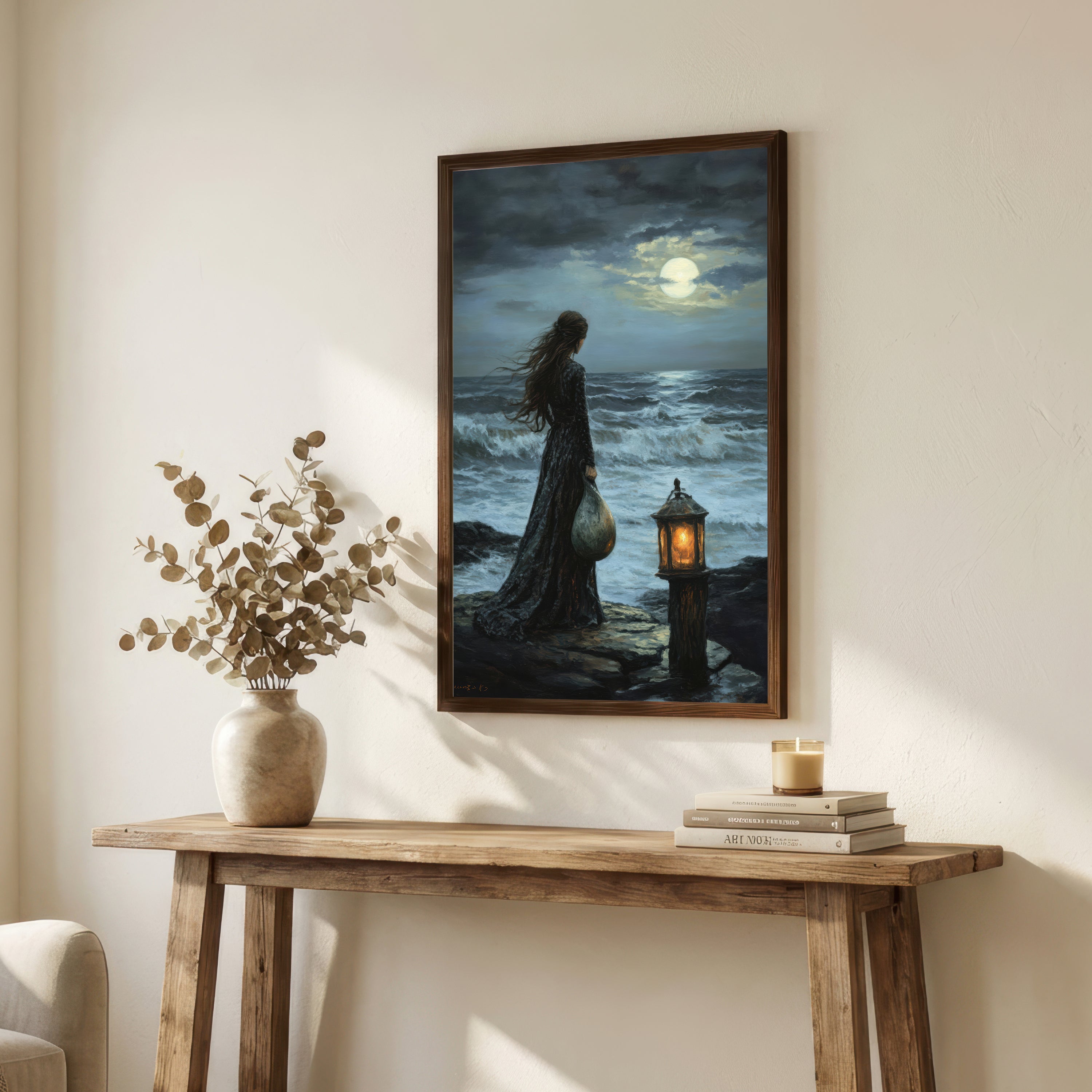 Moonlit Seaside Woman Art Print