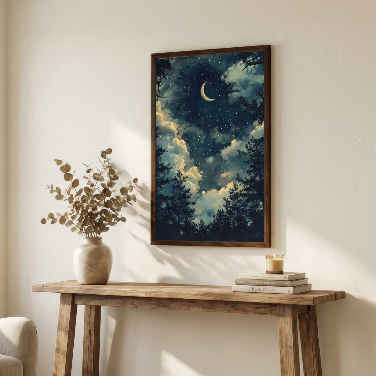 Moonlit Forest Crescent Moon Art Print