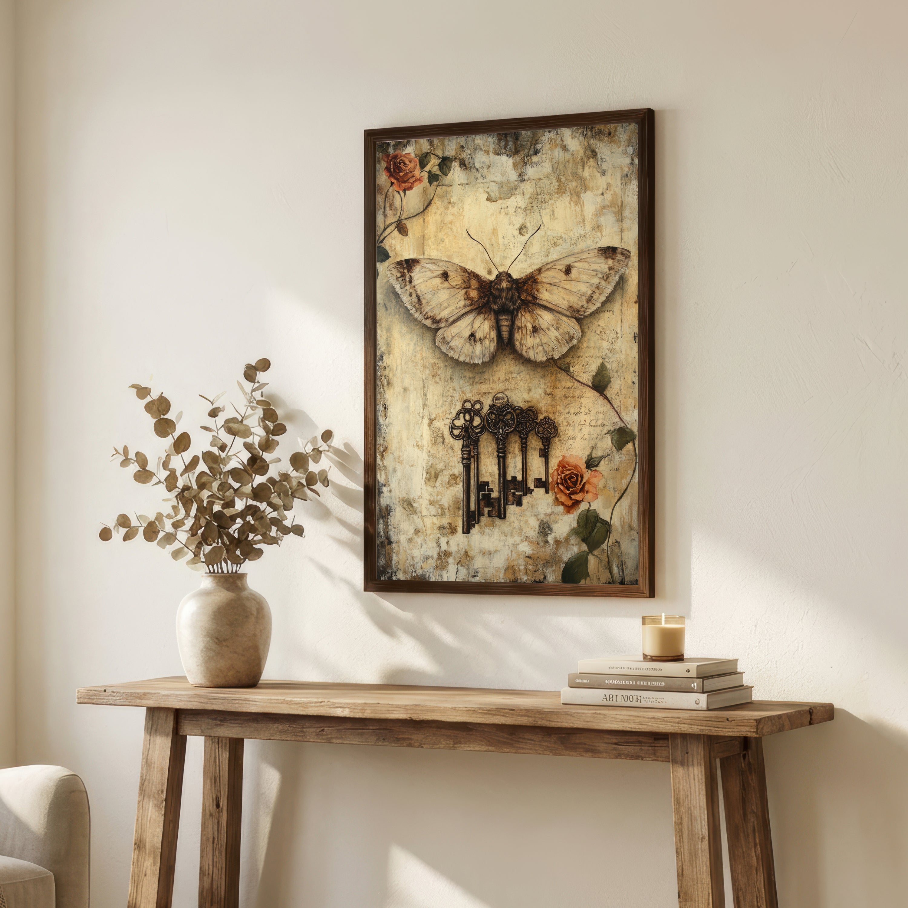 Moth and Keys Vintage Art Print