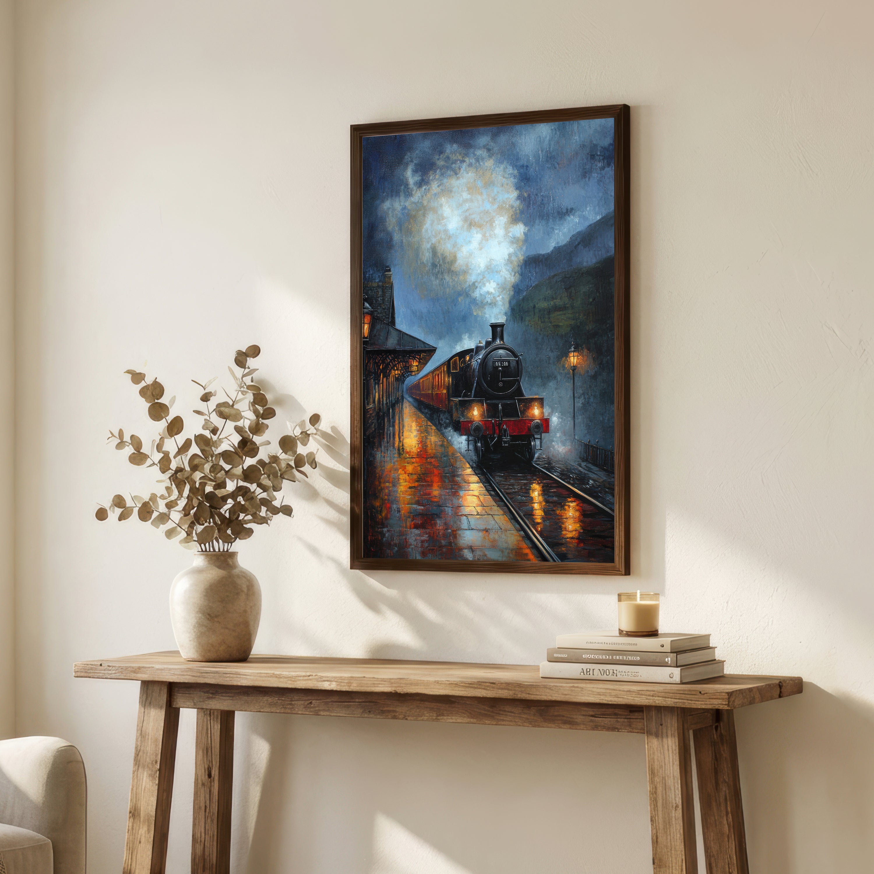 Rainy Steam Train Station Art Print
