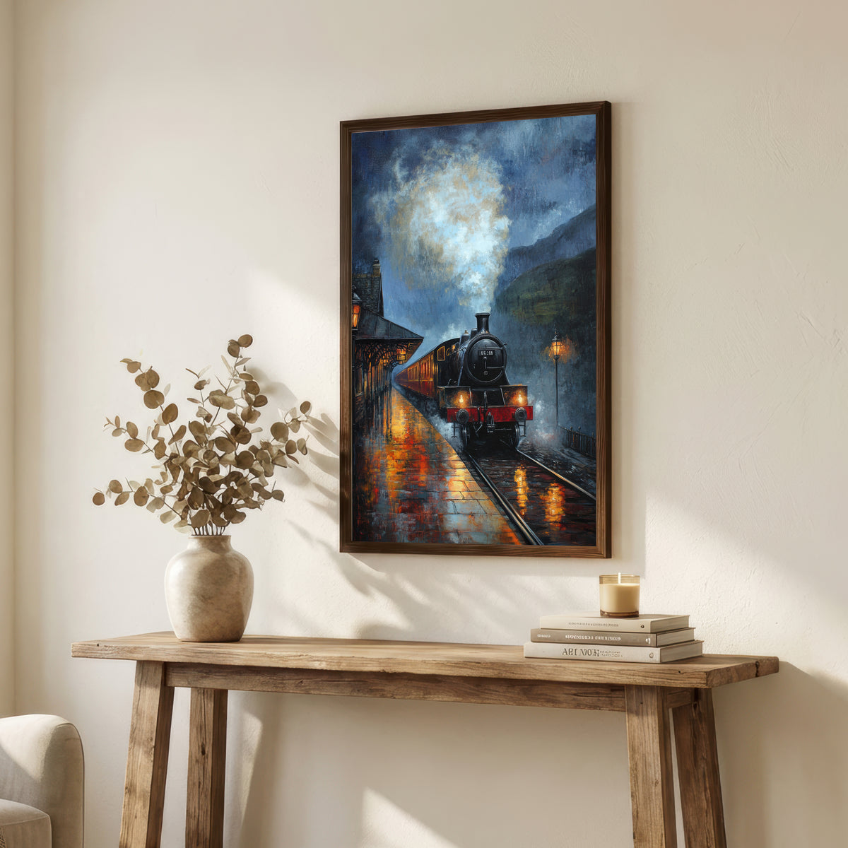 Rainy Steam Train Station Art Print