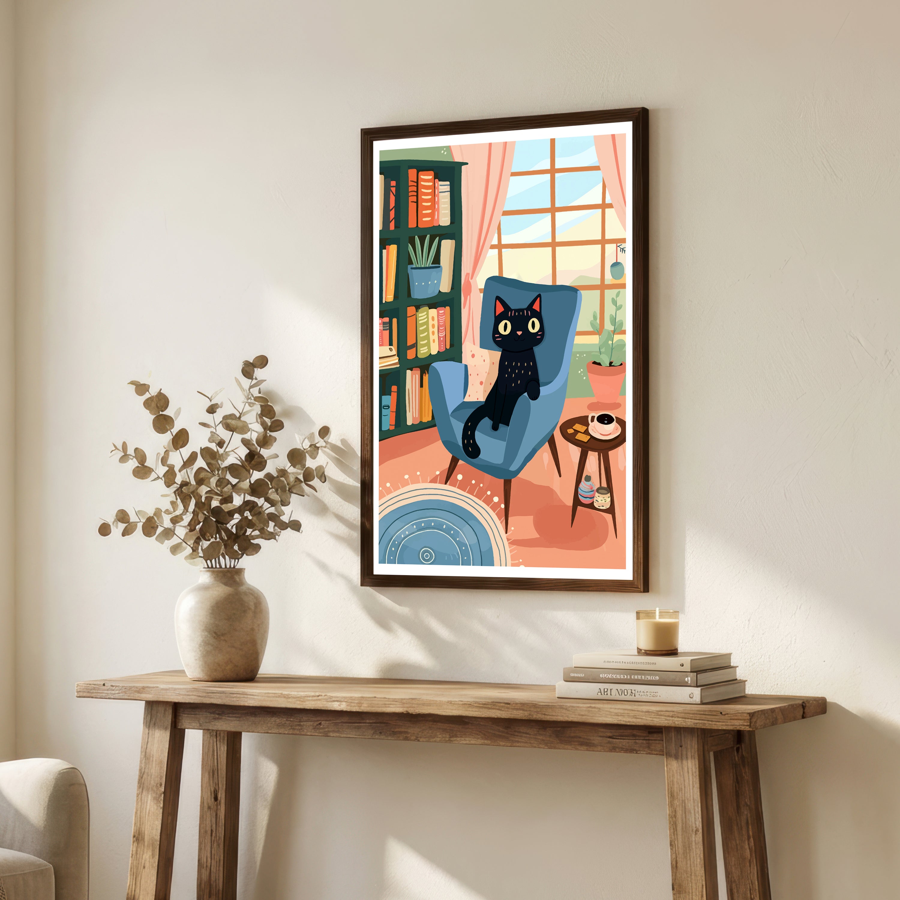 Black Cat Cozy Reading Nook Art Print