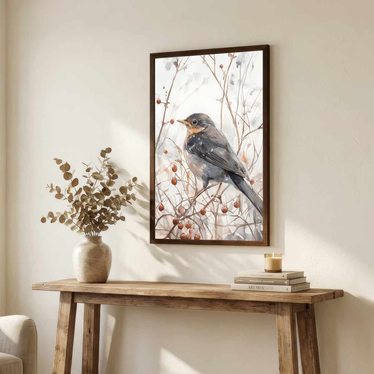 Blackbird Winter Berries Art Print
