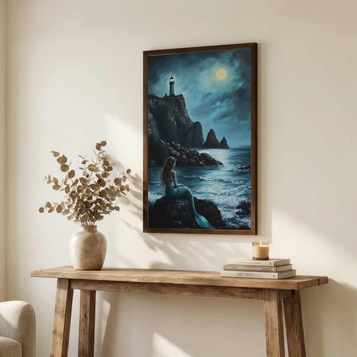 Mermaid Lighthouse Moonlight Art Print