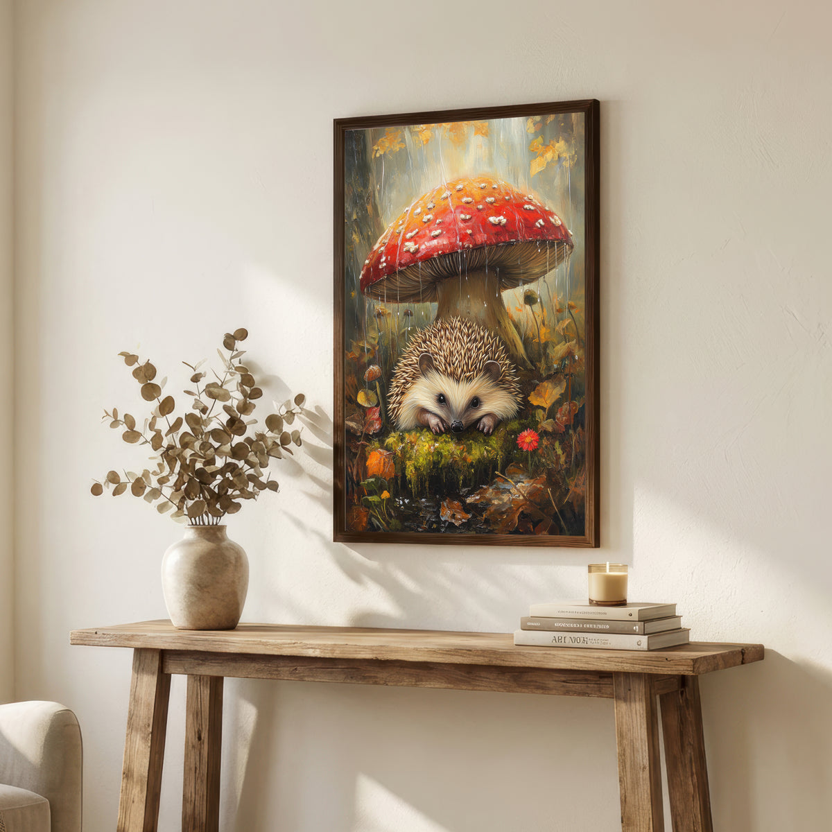 Hedgehog Beneath a Mushroom Art Print