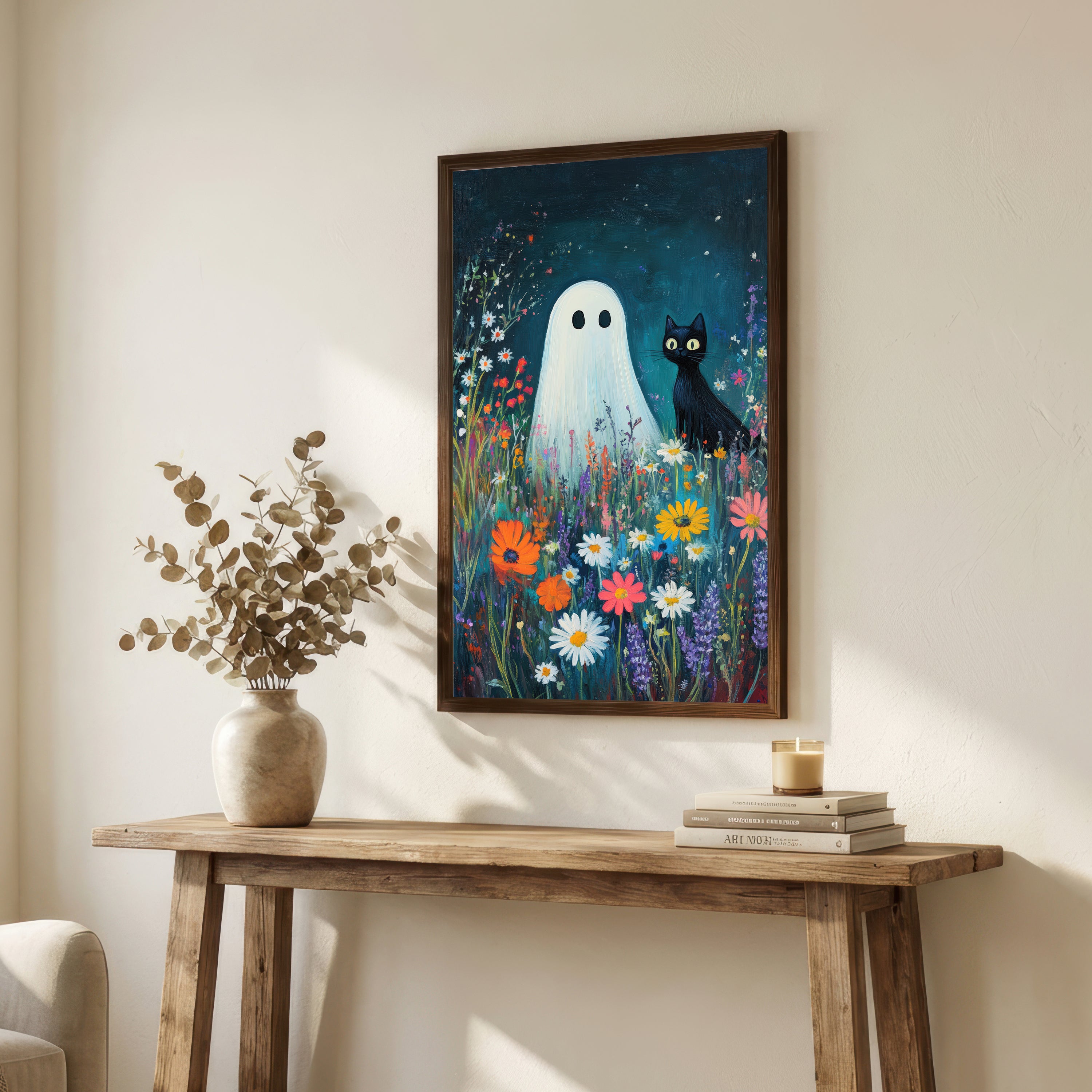 Ghost and Black Cat Wildflower Art Print