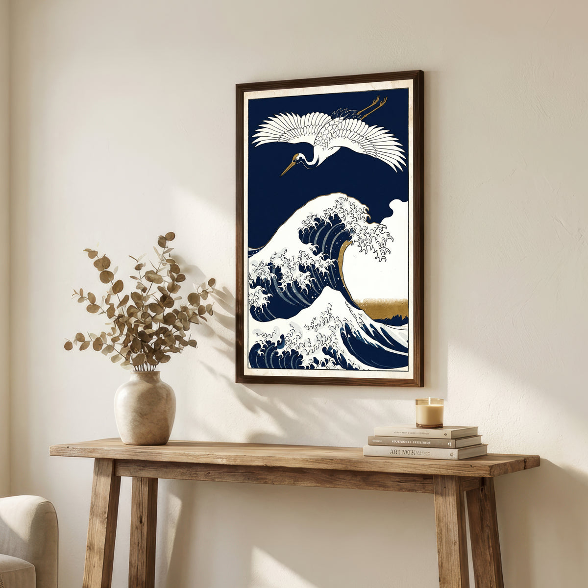 Japanese Heron and Wave Art Print