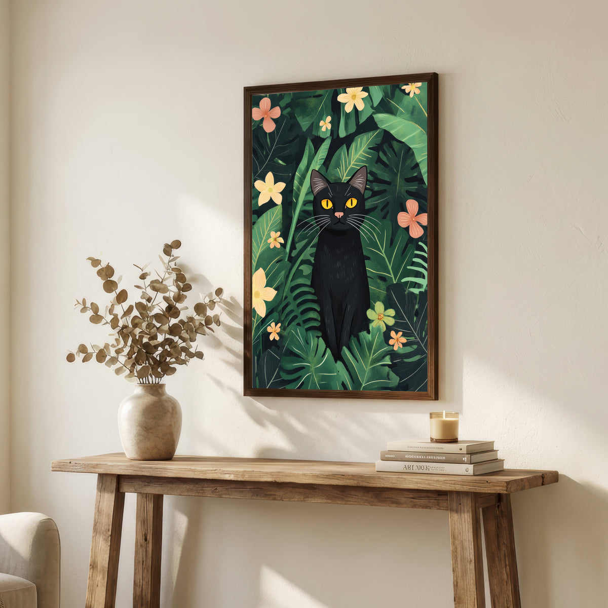 Black Cat Tropical Botanical Art Print