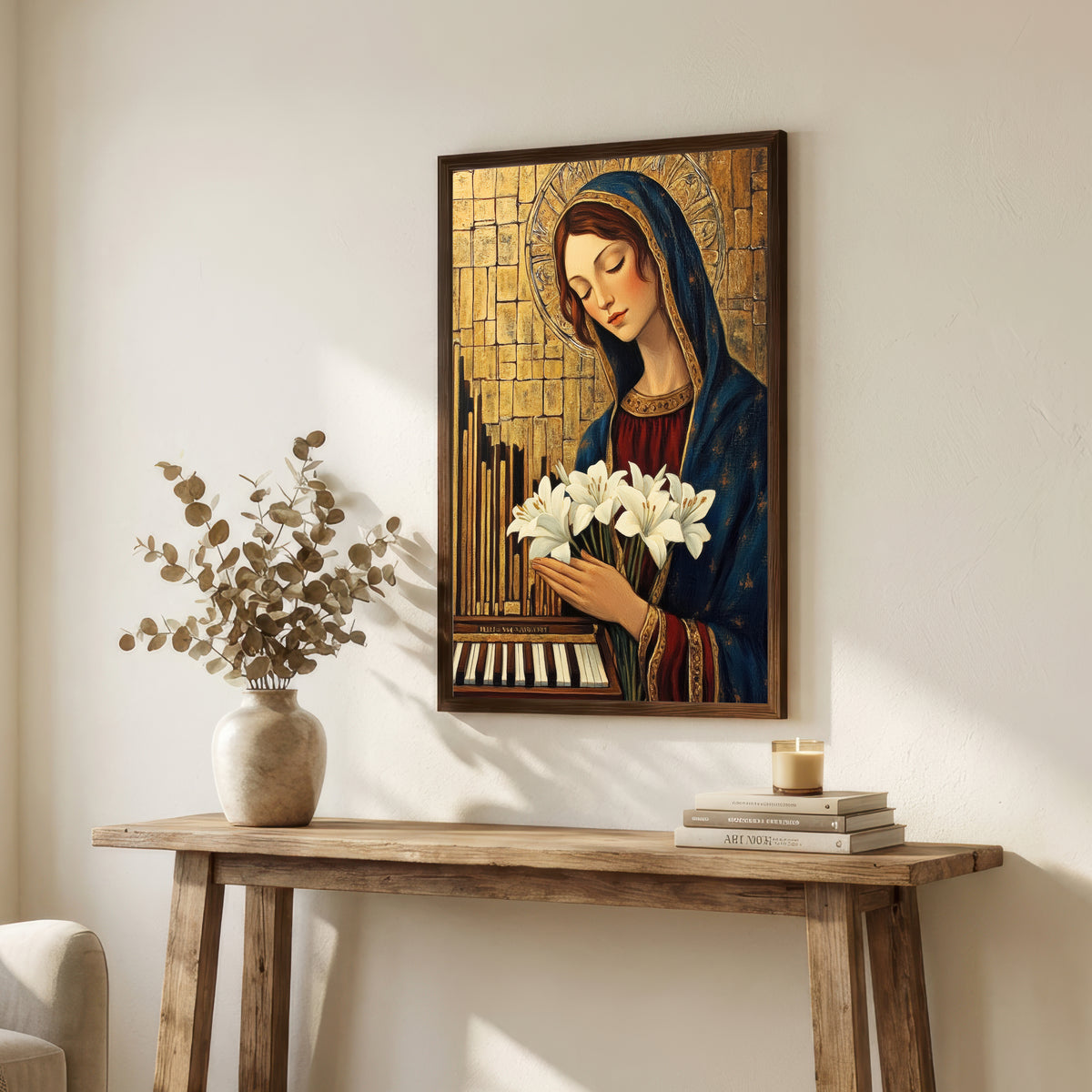 Blue Veiled Woman and Lilies Art Print