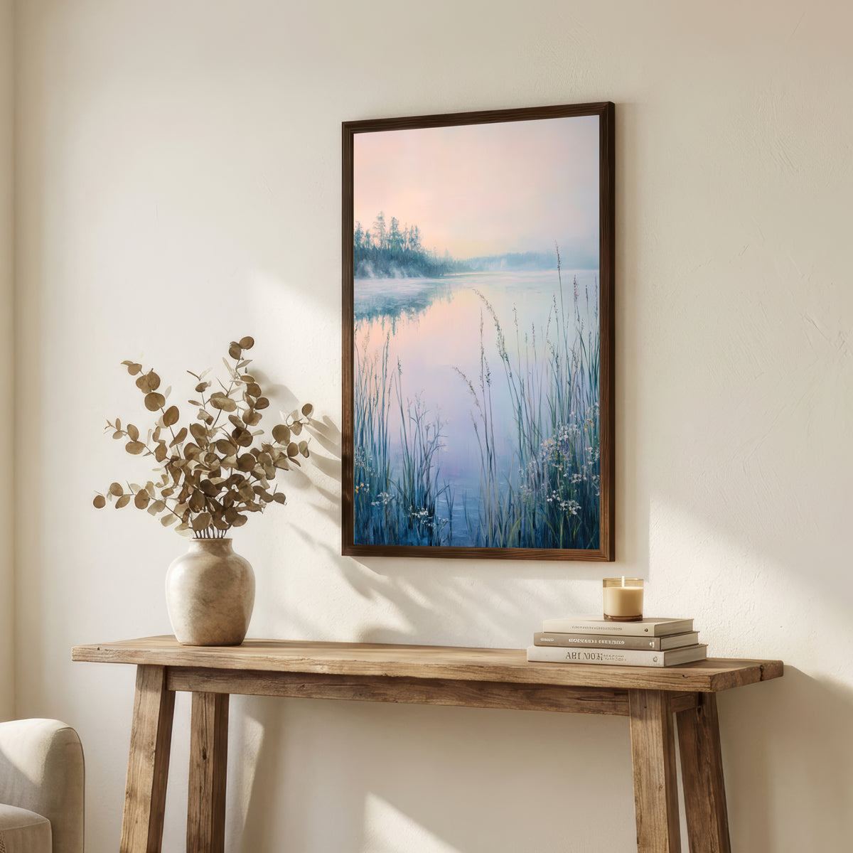 Misty Lake Reeds Landscape Art Print