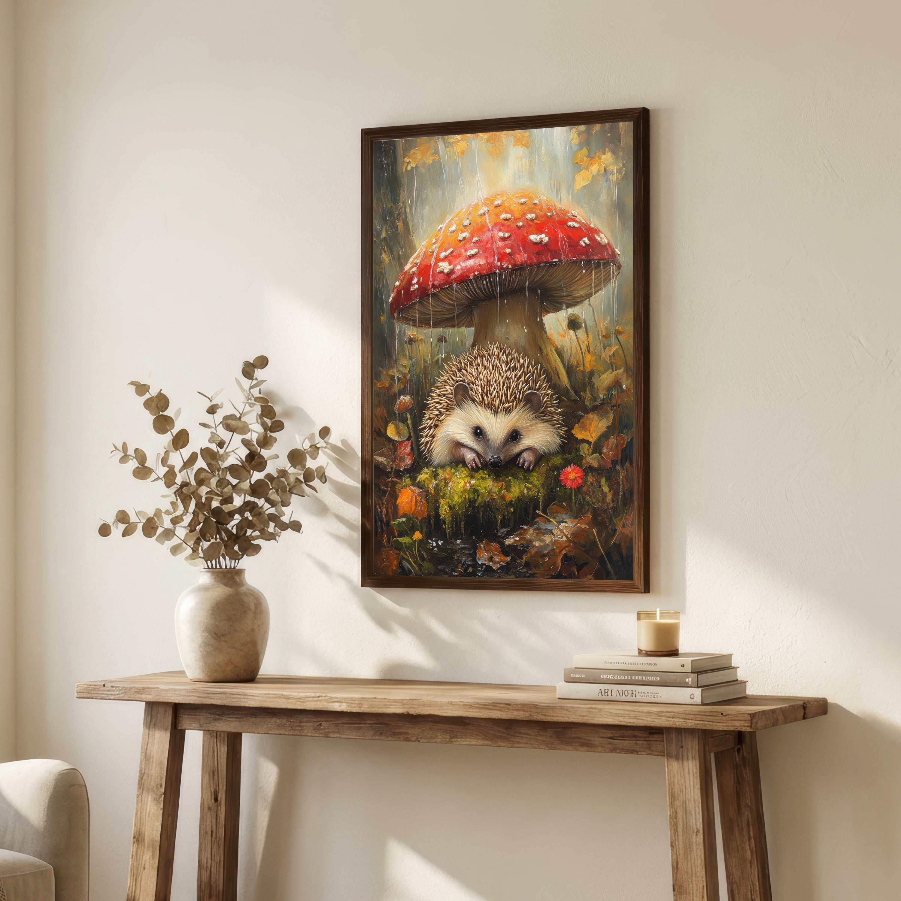 Hedgehog Under Mushroom Art Print