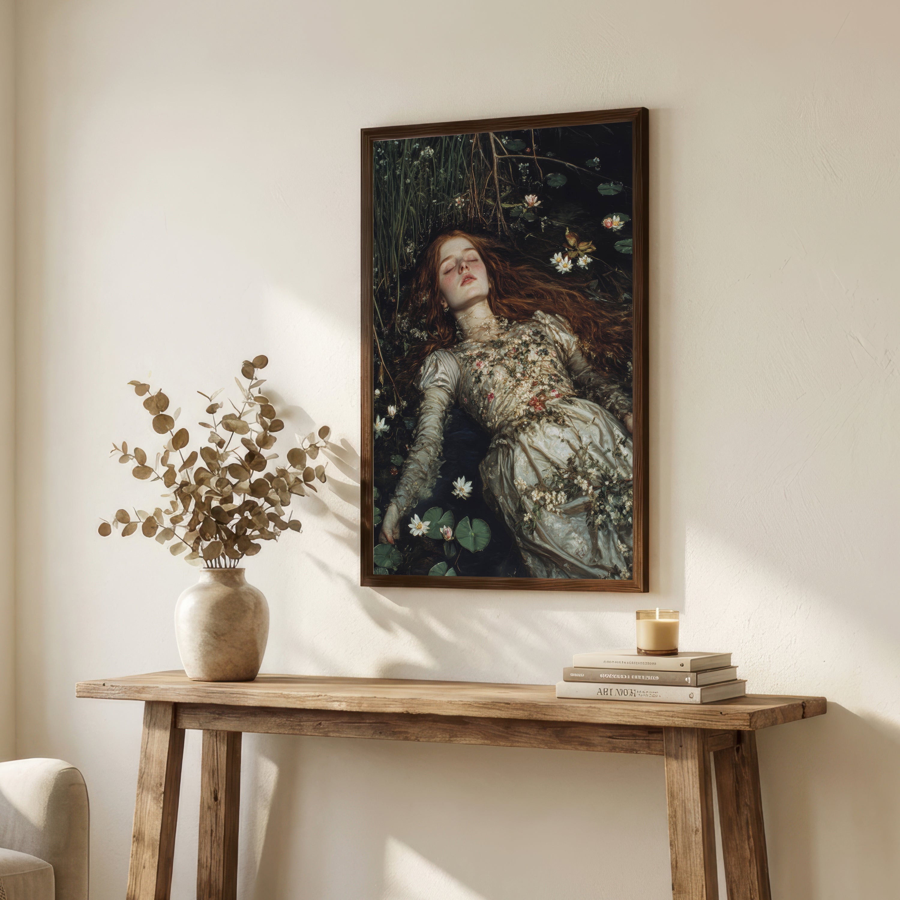 Woman Floating in Lily Pond Art Print