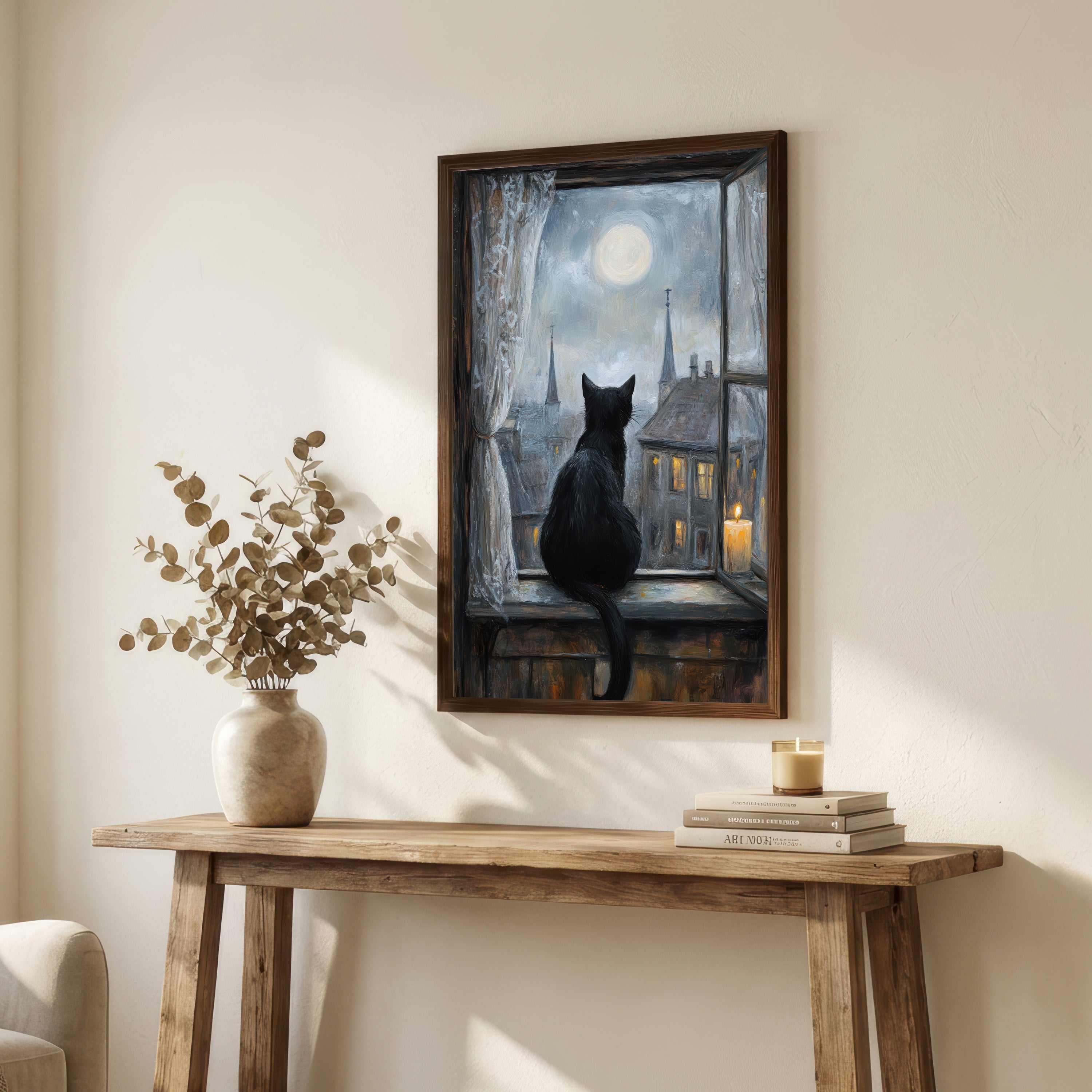 Black Cat Moonlit Window Art Print