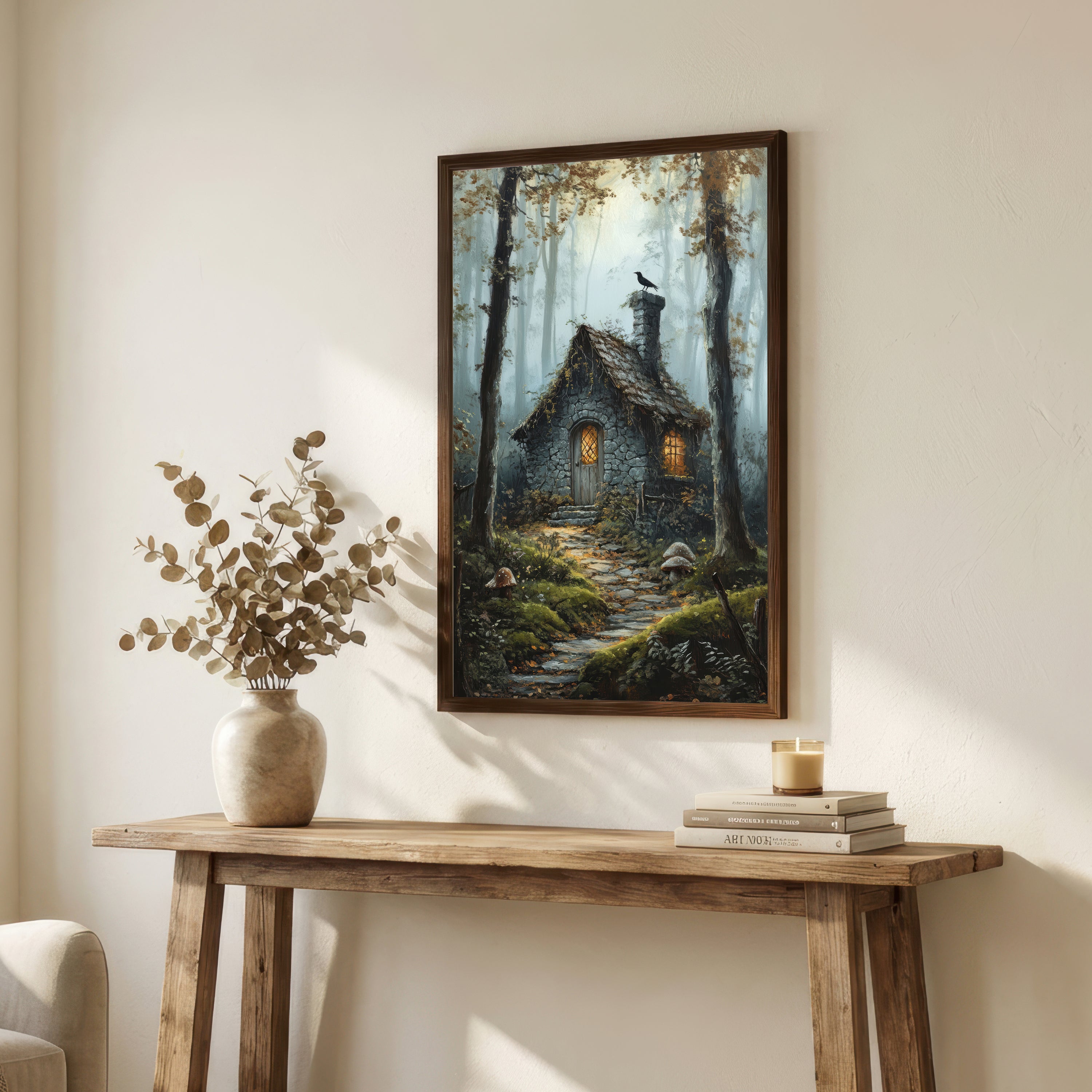 Misty Forest Cottage Art Print