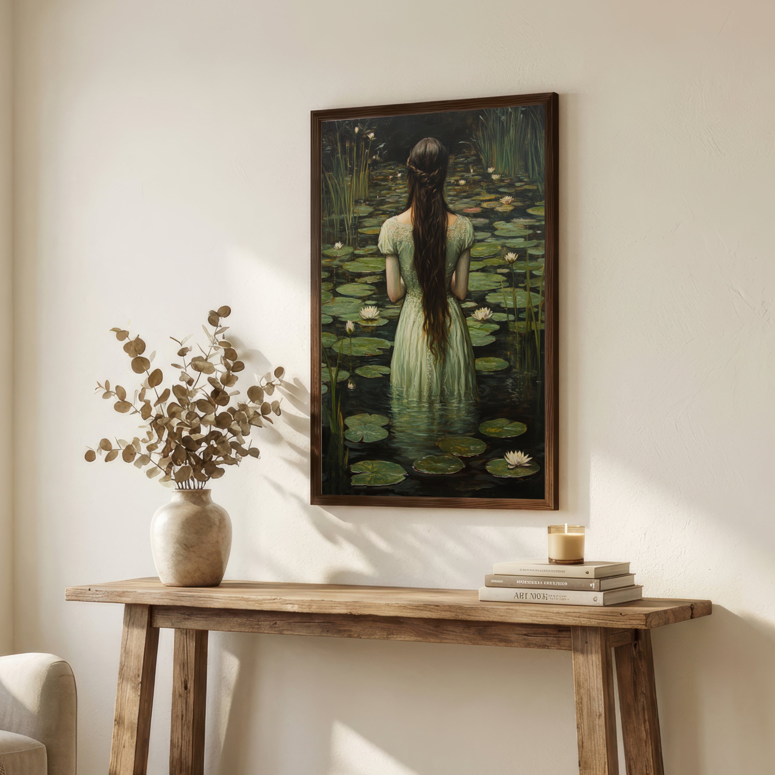 Woman in Water Lily Pond Art Print