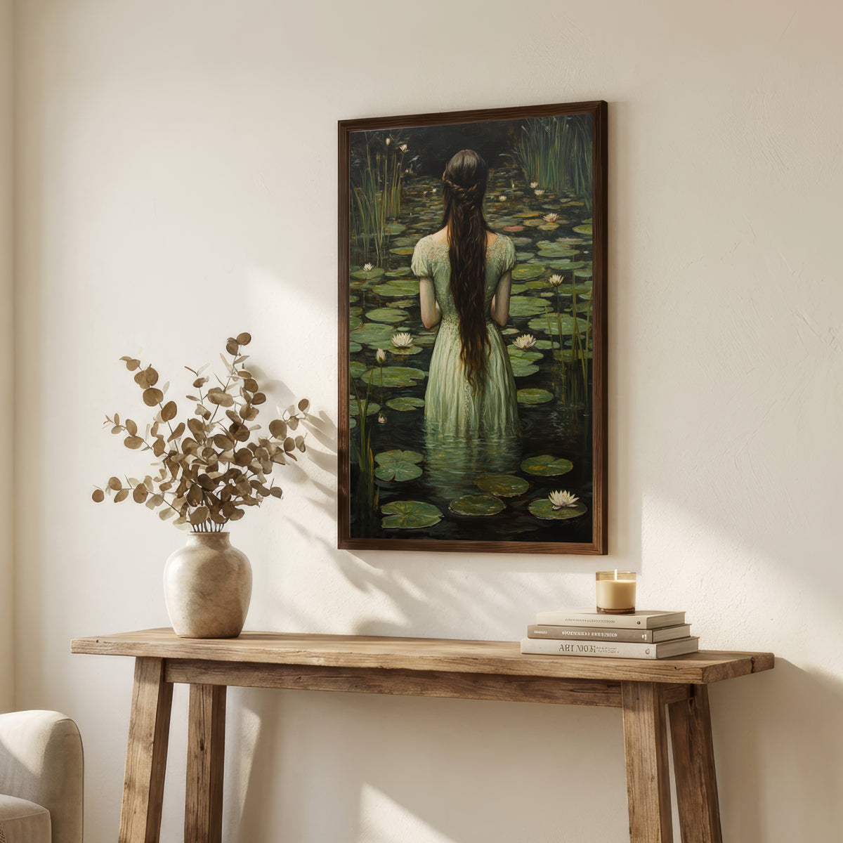 Woman in Water Lily Pond Art Print