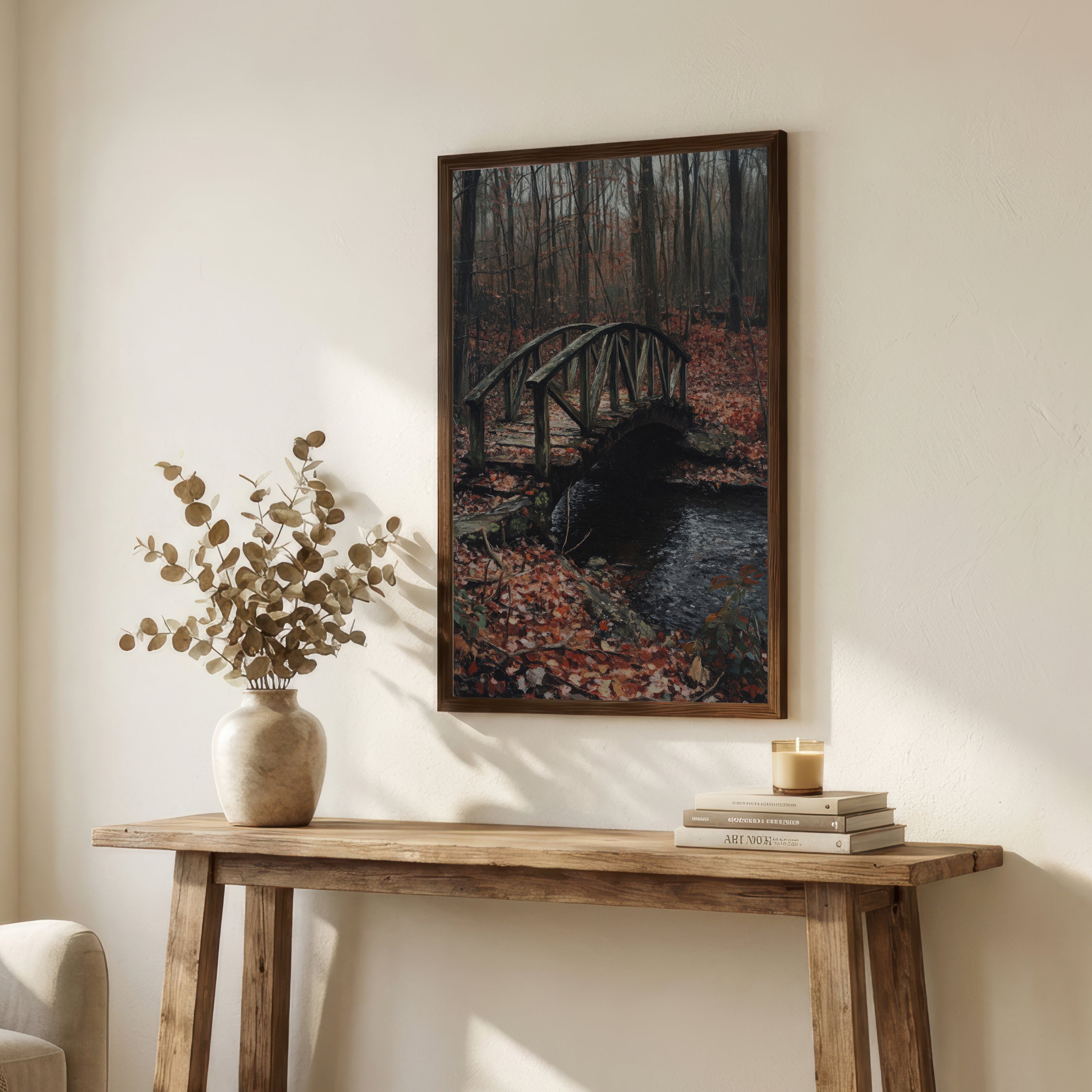 Dark Woodland Bridge Art Print