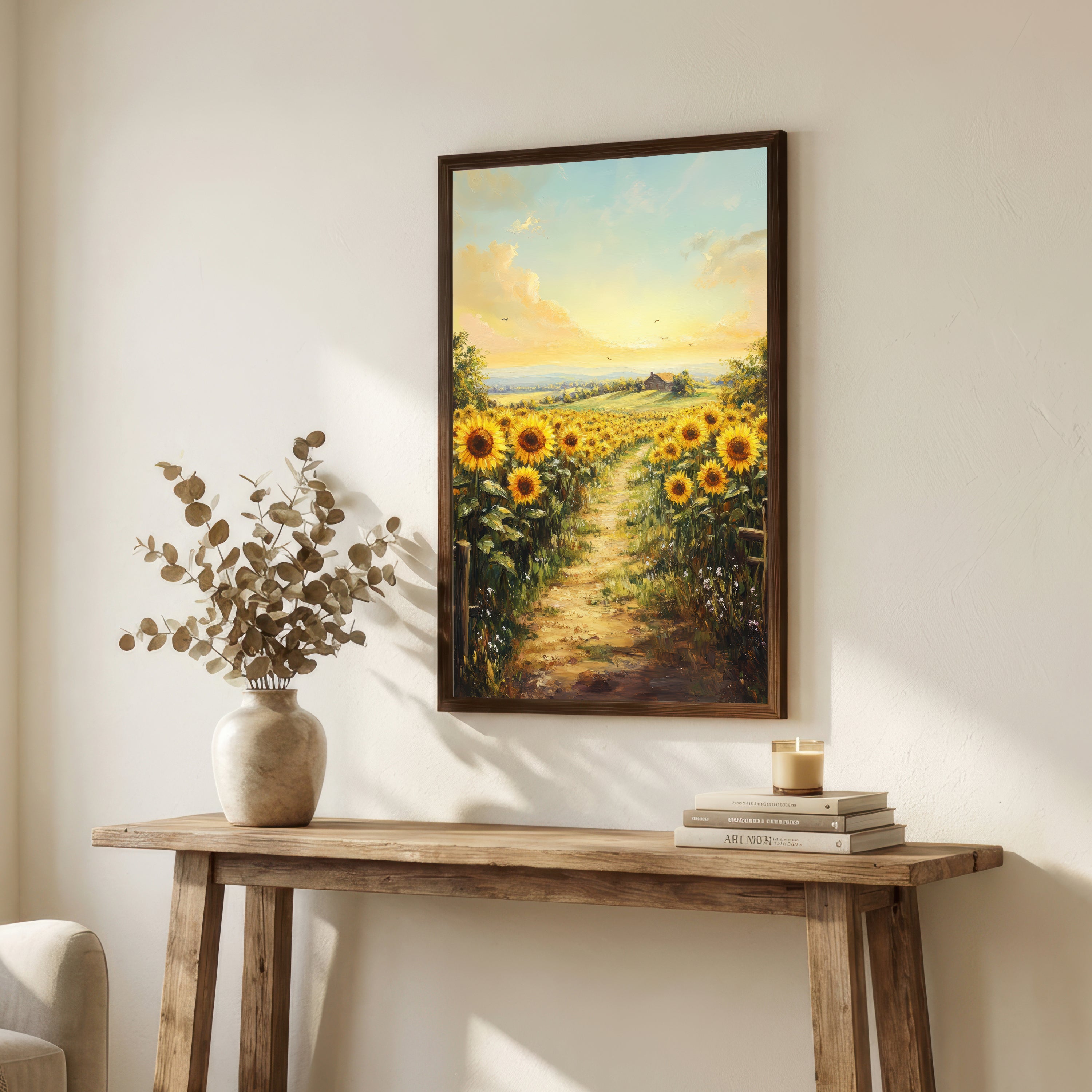 Sunflower Field Country Path Art Print