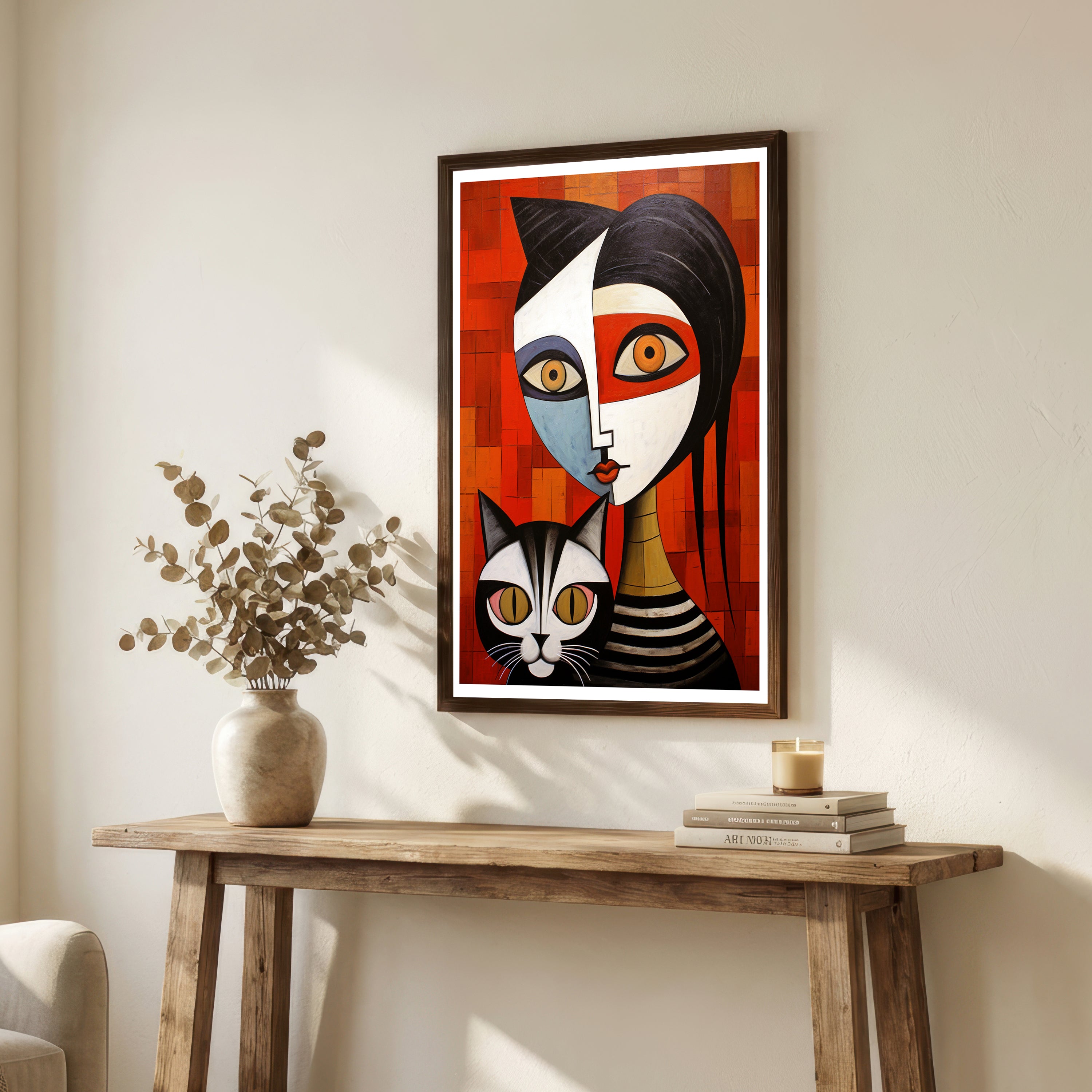 Geometric Woman and Cat Art Print