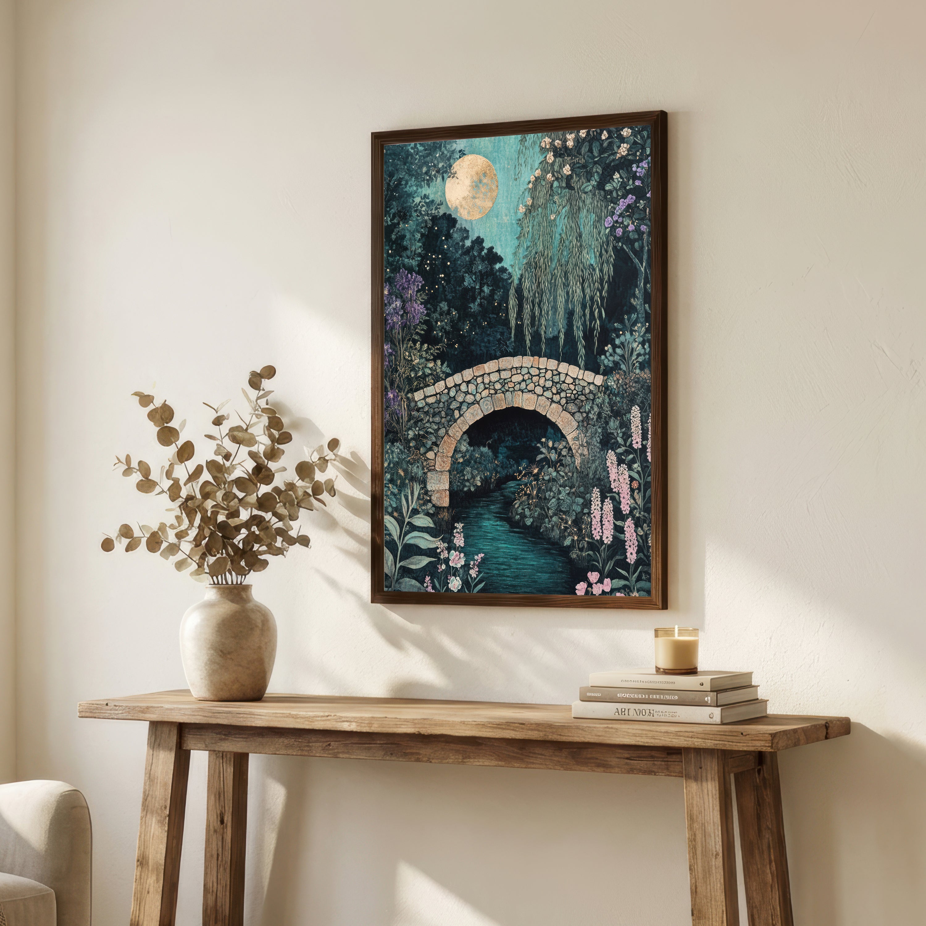 Moonlit Garden Bridge Art Print