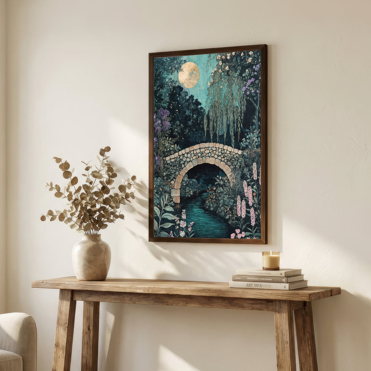 Moonlit Garden Bridge Art Print