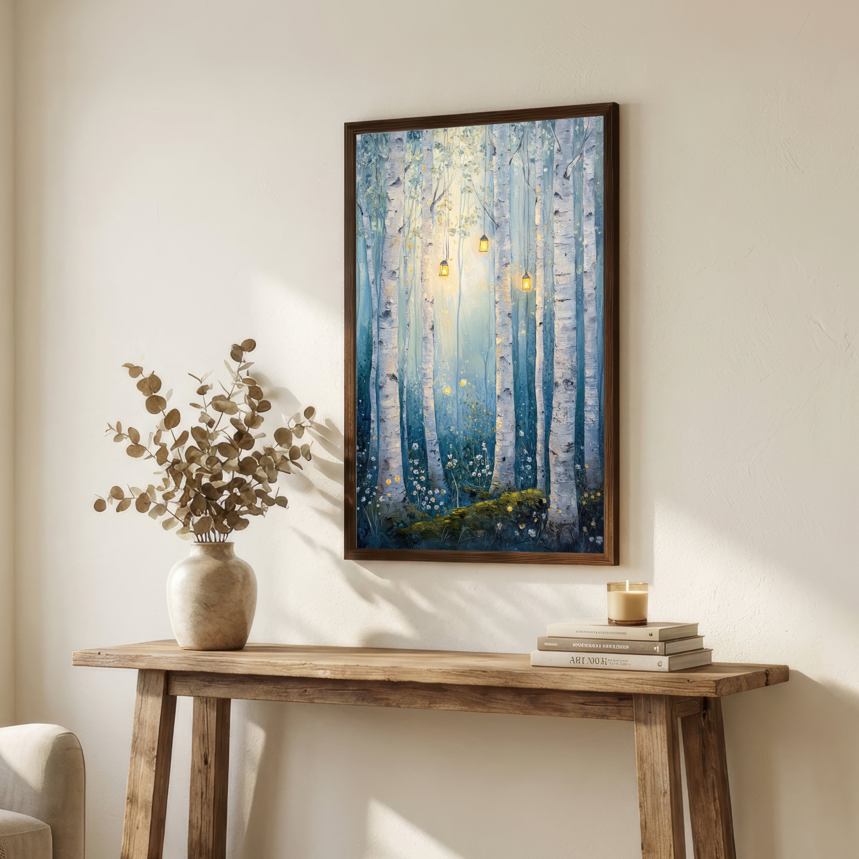 Enchanted Birch Forest Lantern Art Print