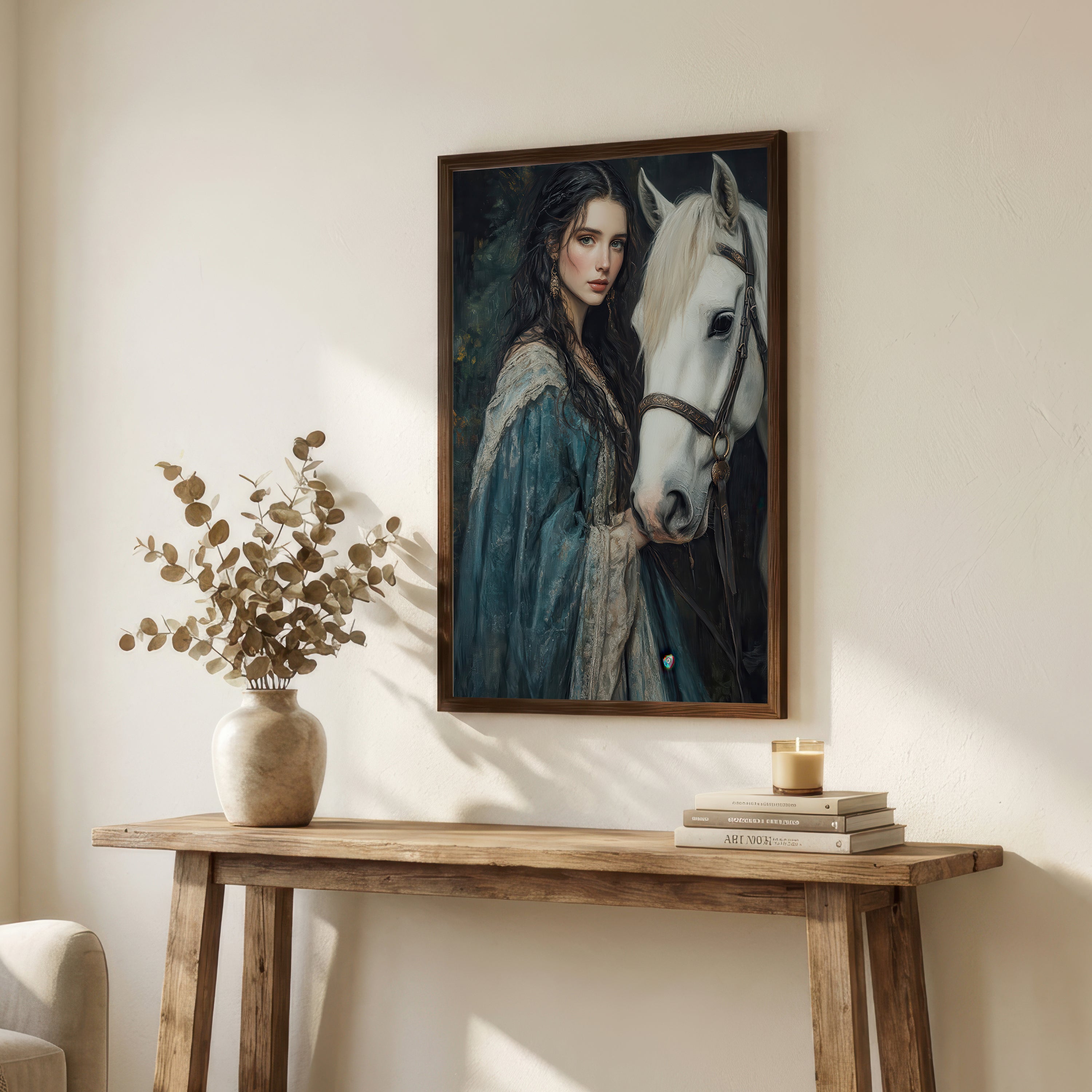 Woman and White Horse Fantasy Art Print