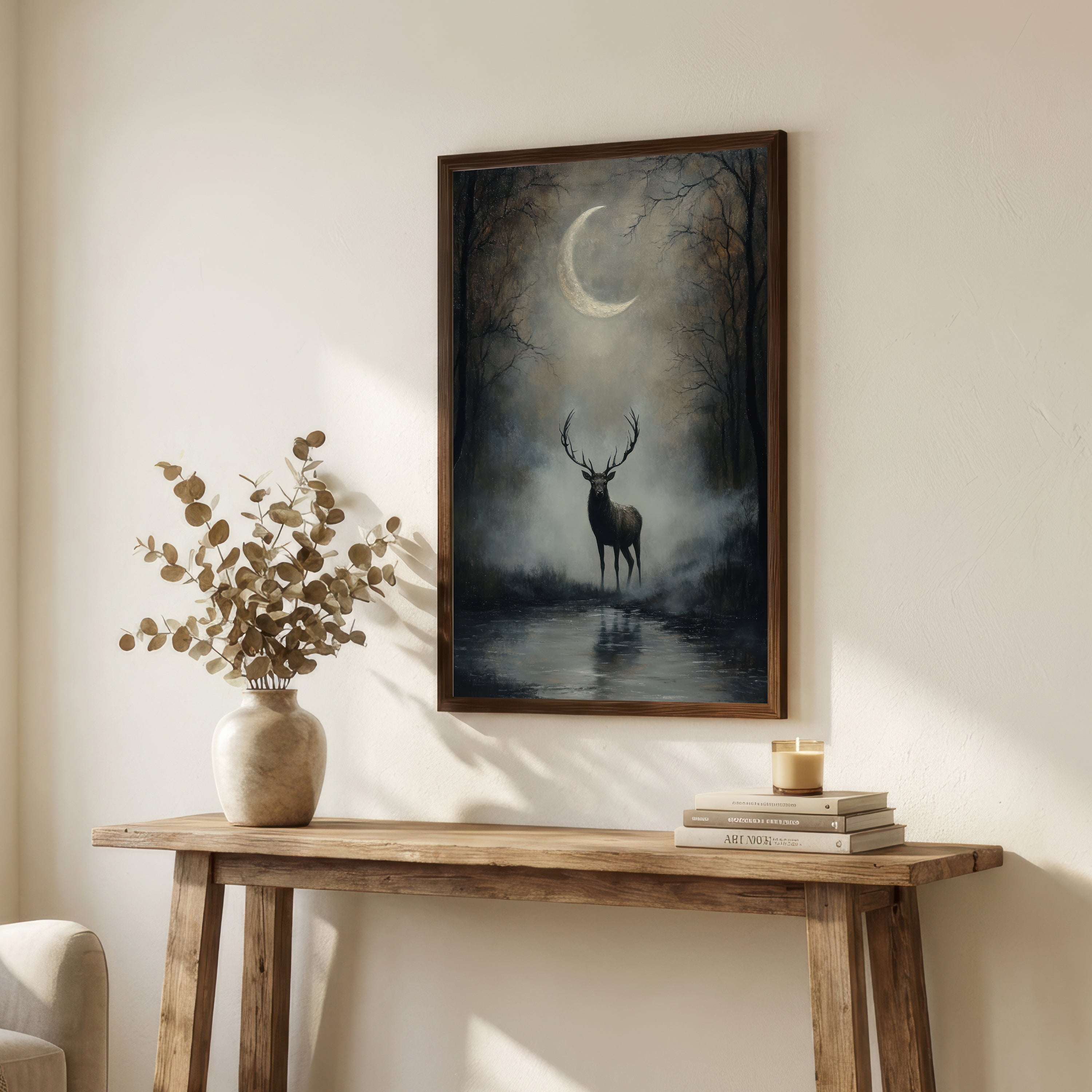 Moonlit Stag Dark Forest Art Print